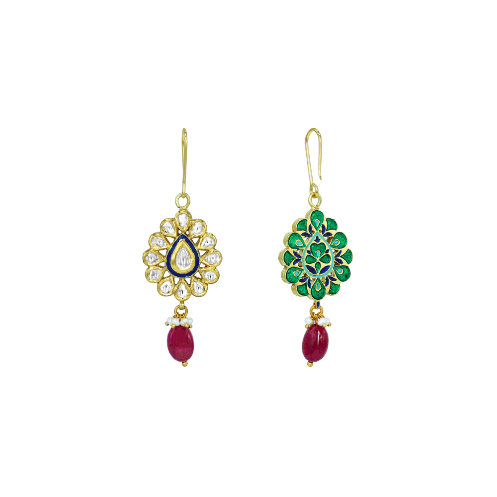 Floral Polki Earrings with Blue Enamel and Ruby Bead Drops