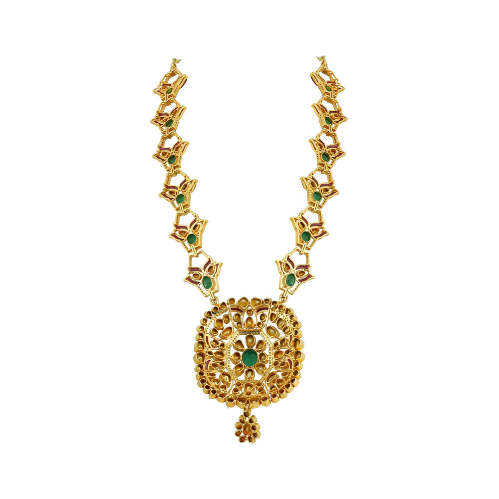 Emerald & Ruby Cabochon Necklace with Diamond Polki Halo