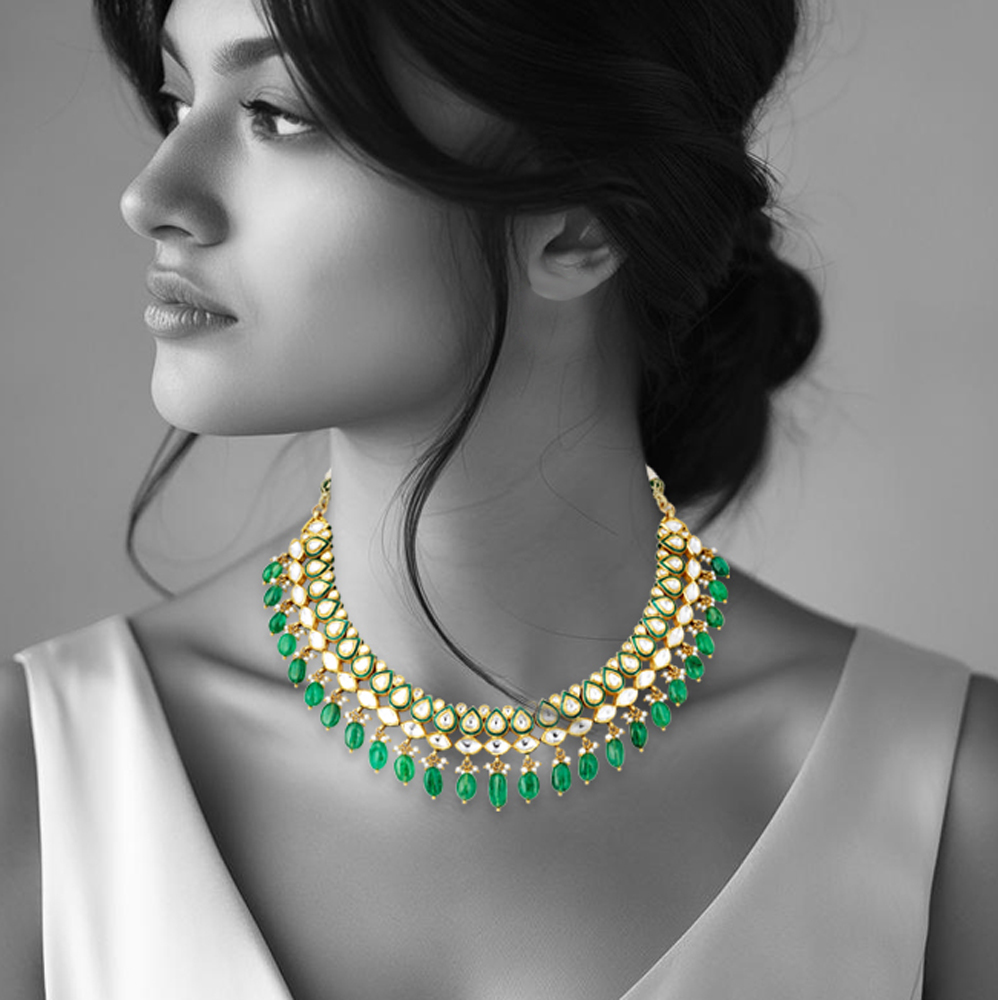 Pear-Shaped Polki Necklace with Green Meena and Emerald Drops