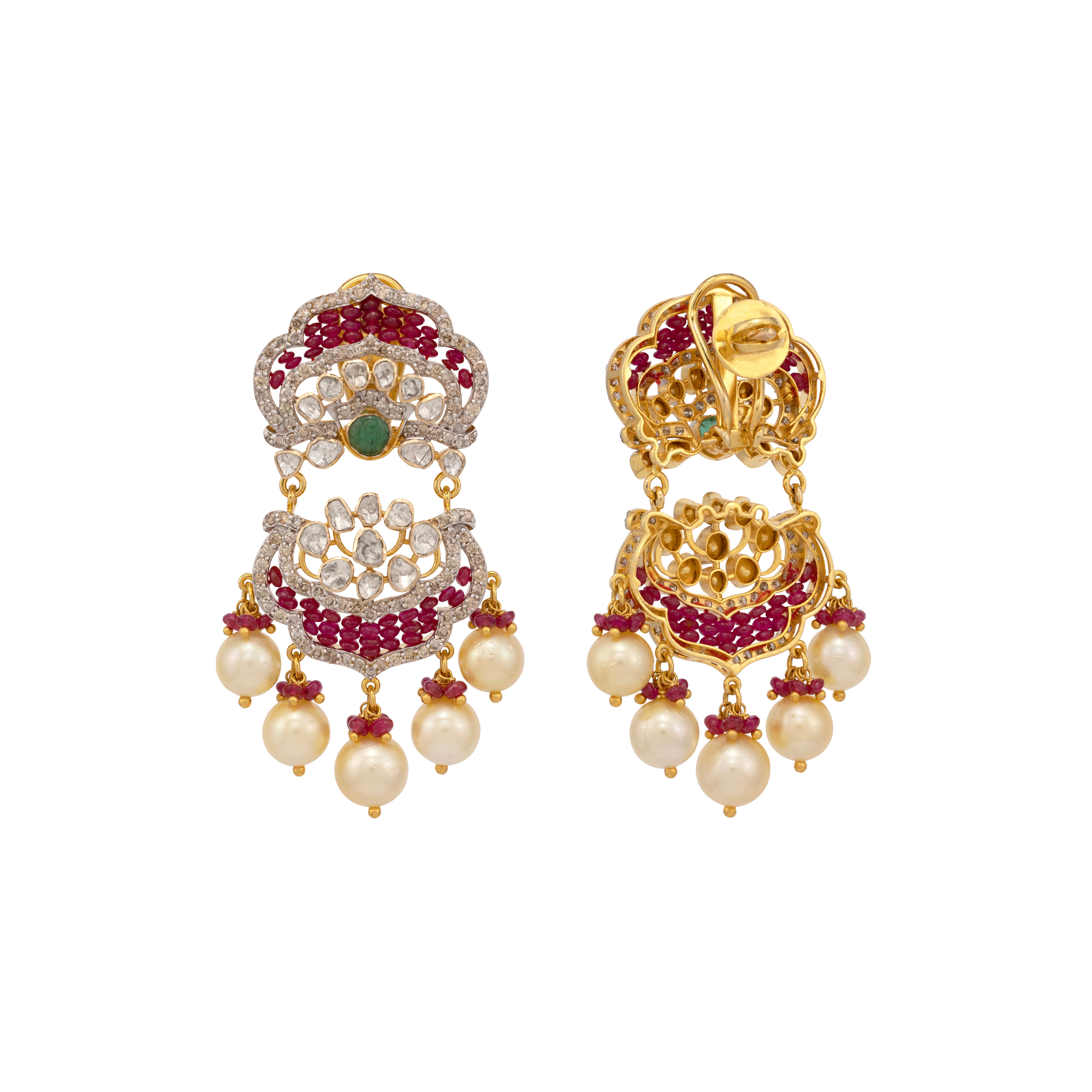 Polki and Ruby Earrings with Emerald and Pearl Drops