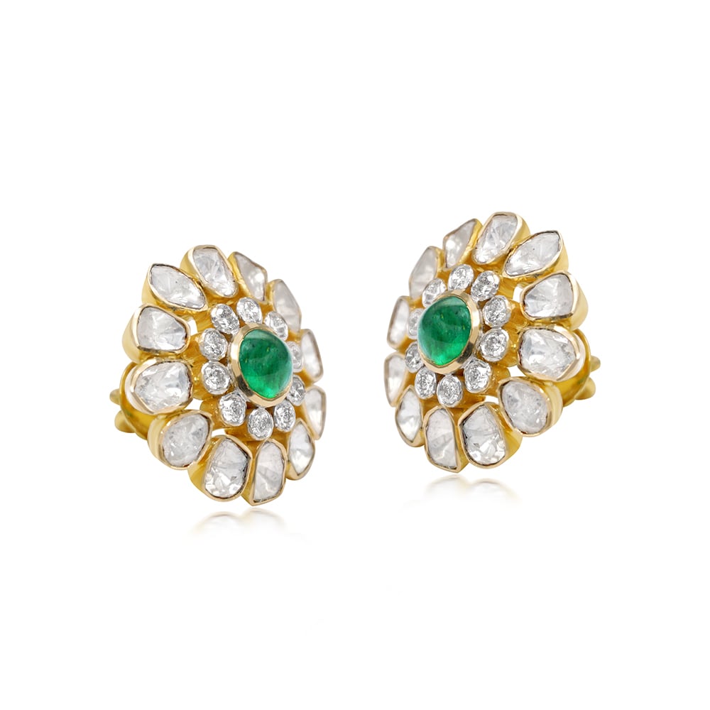 Floral Polki Stud Earrings with Center Emerald and Diamond Cluster