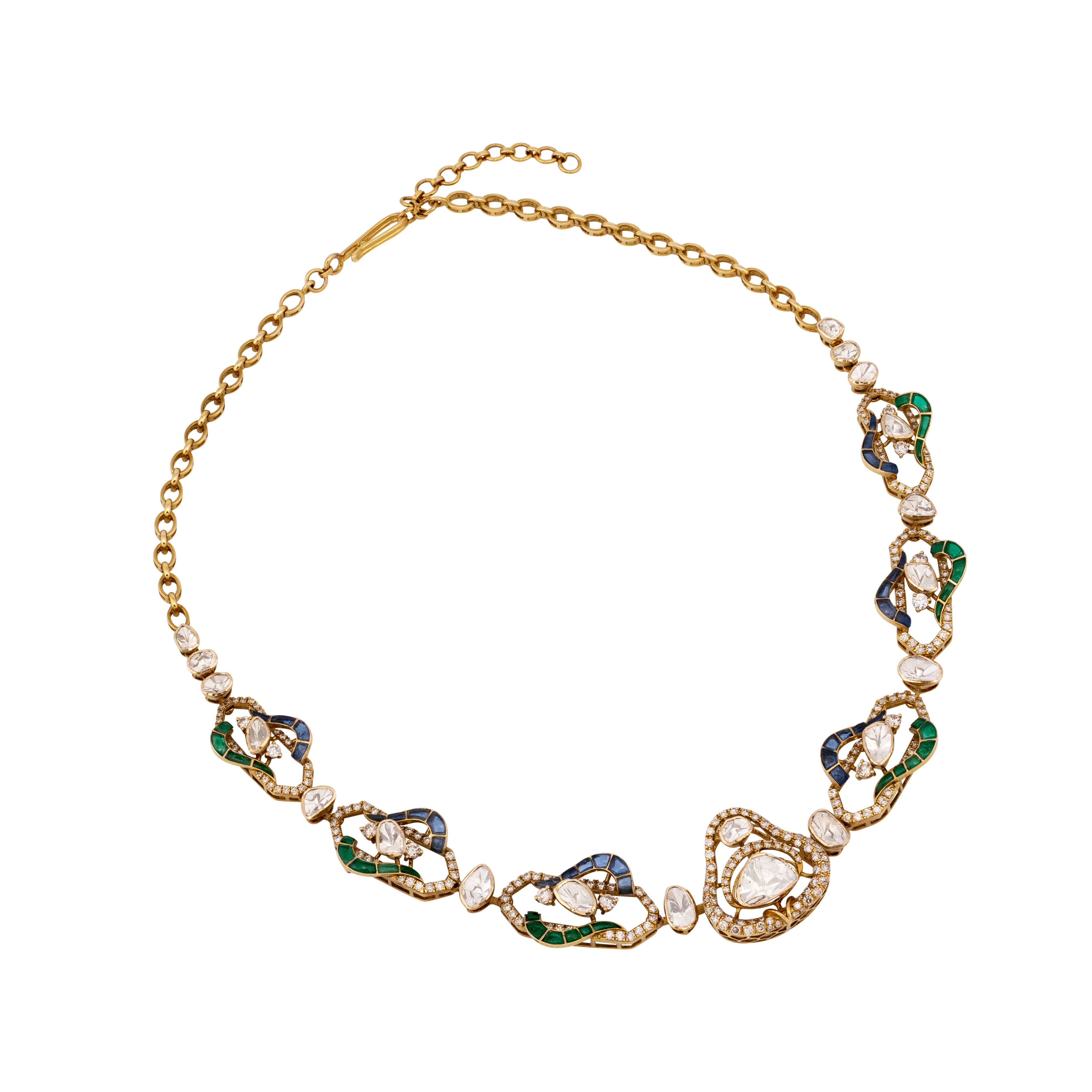 Polki Necklace with Blue-Green Talaf and Linked Motifs