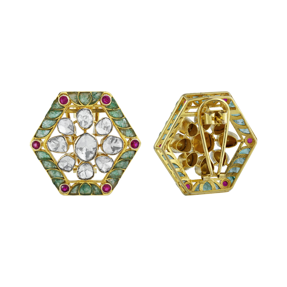 Geometric Hexagonal Earrings with Uncut Diamonds and Colourstone Talaf