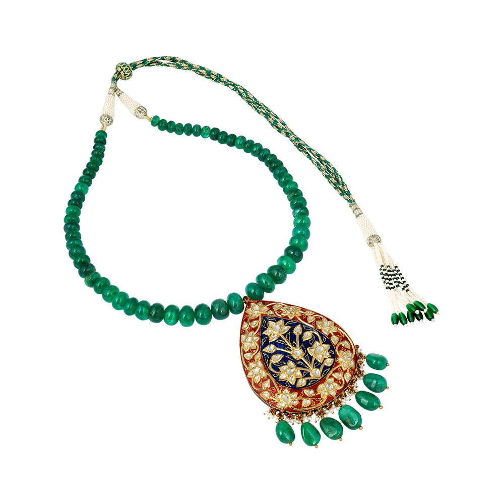 Emerald Bead Necklace with Polki Pendant and Meena Detailing