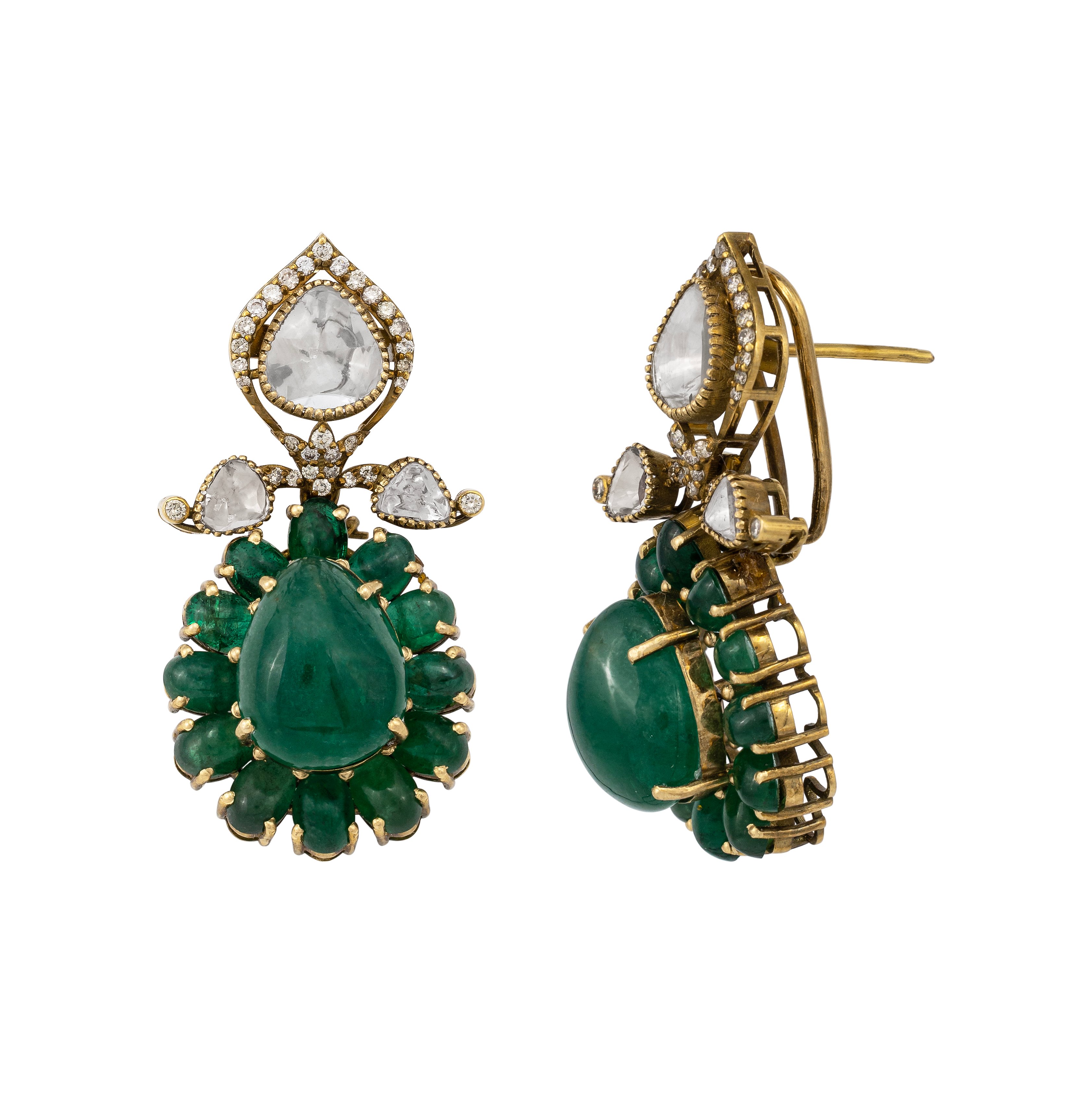 Antique Emerald Drop Earrings with Beaded Halo