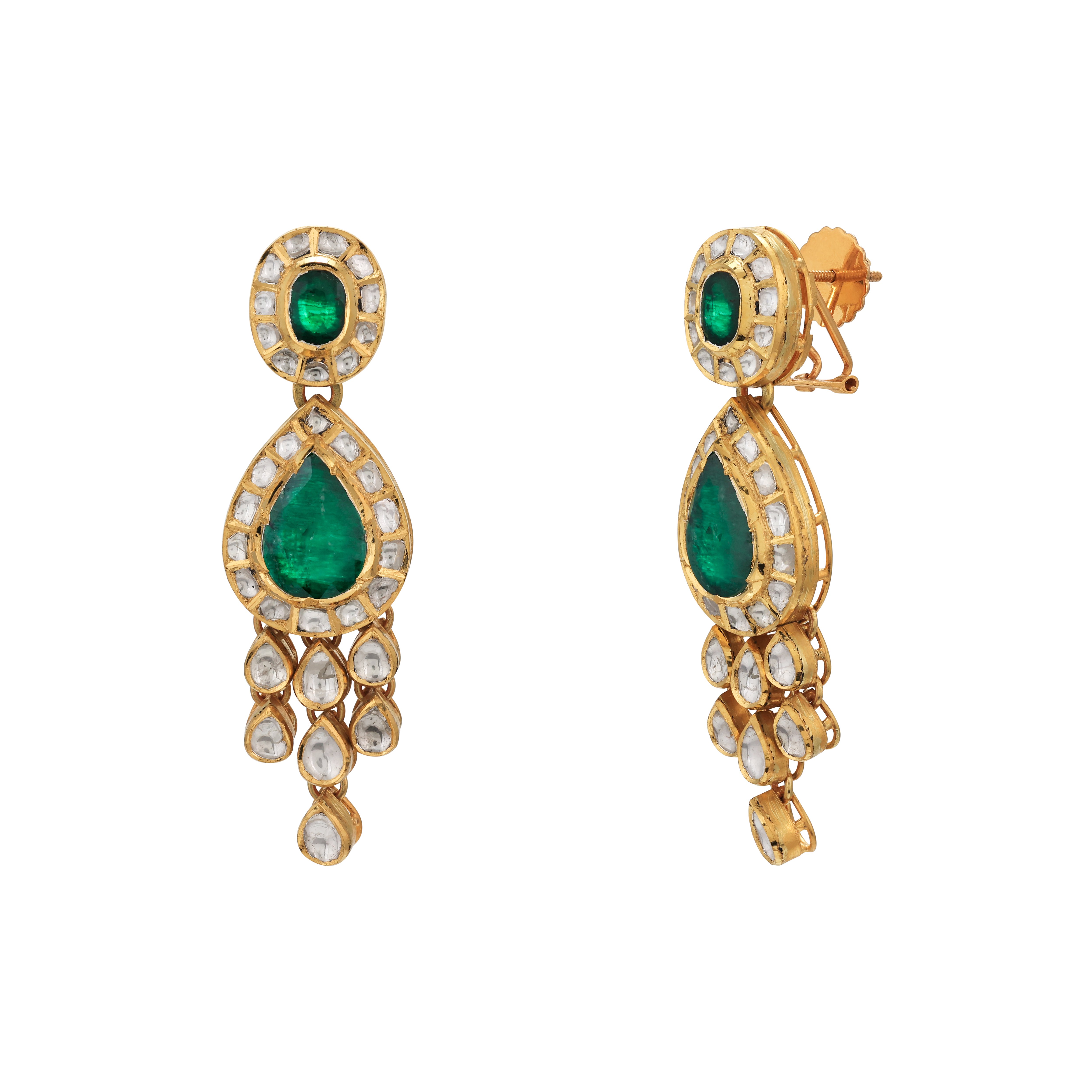 Emerald Polki Earring with Drops