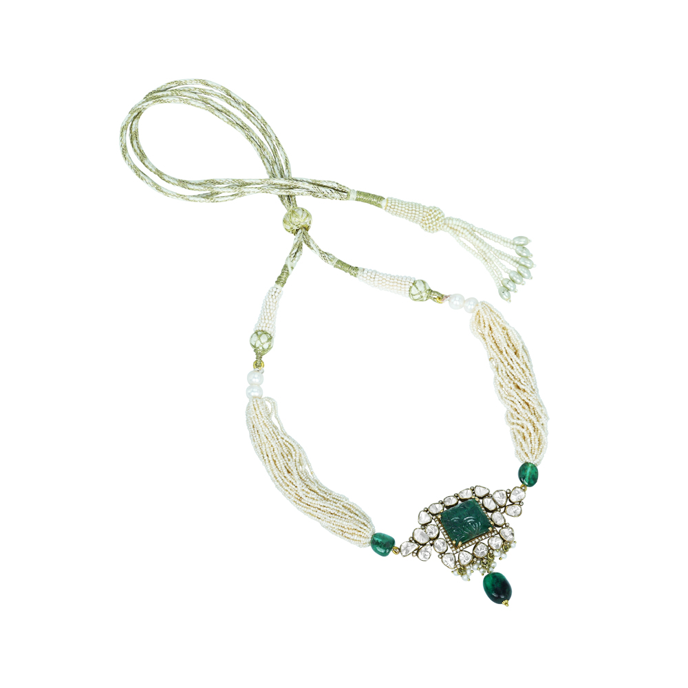 Carved Emerald Polki Choker with Pearl Strands and Emerald Drop