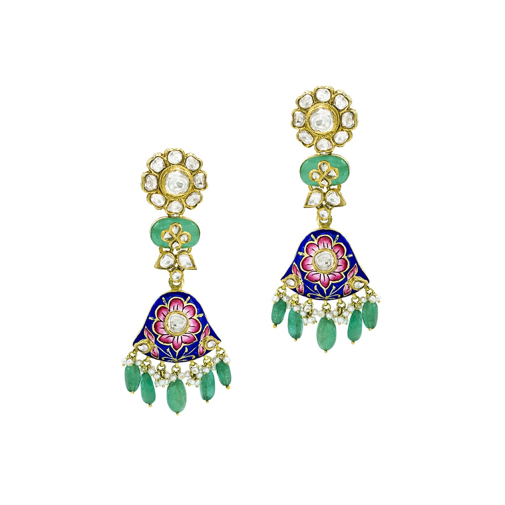 Polki Earrings with Blue-Pink Enamel, Emeralds, and Pearls
