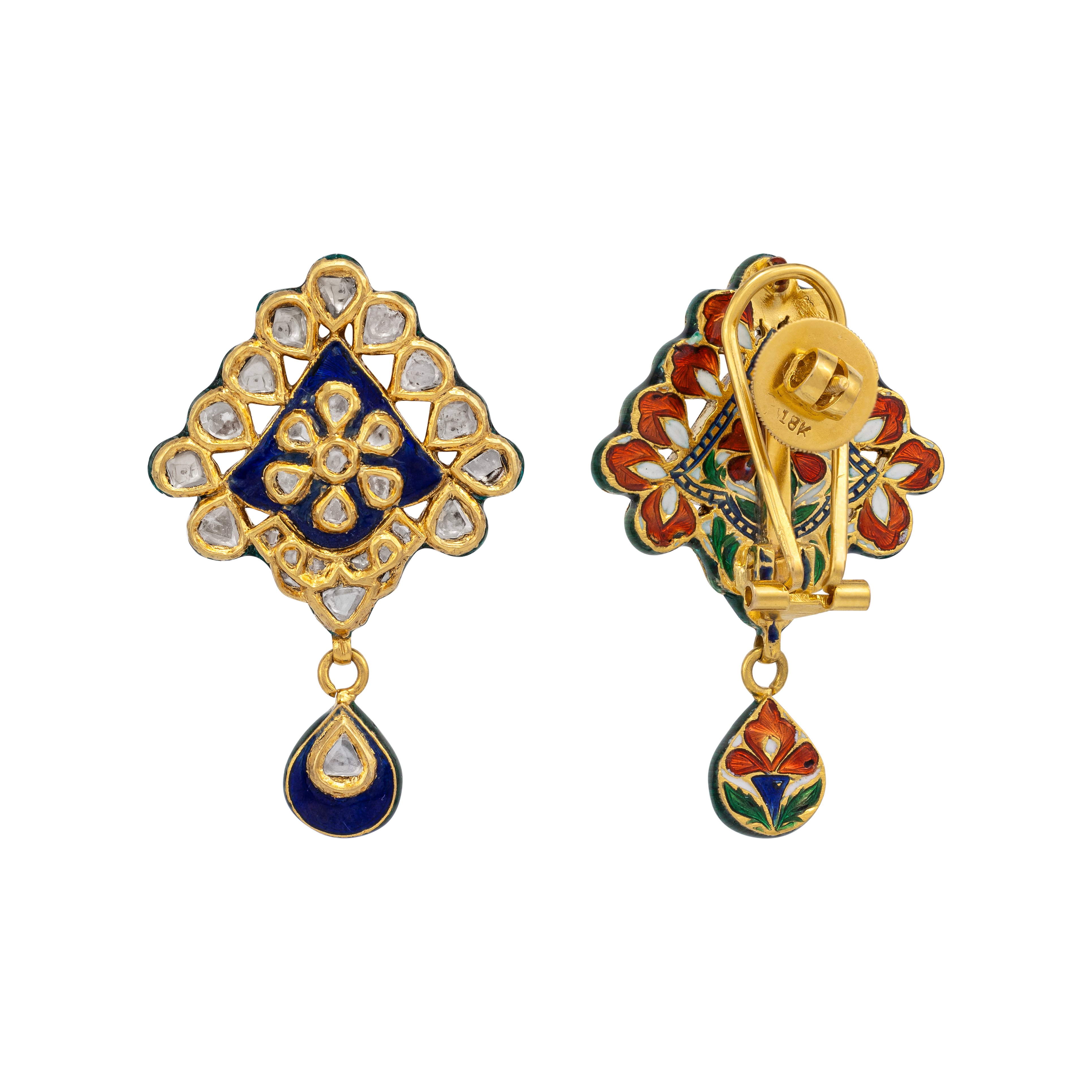 Blue Enamel Polki Drop Earring with Floral Jadau