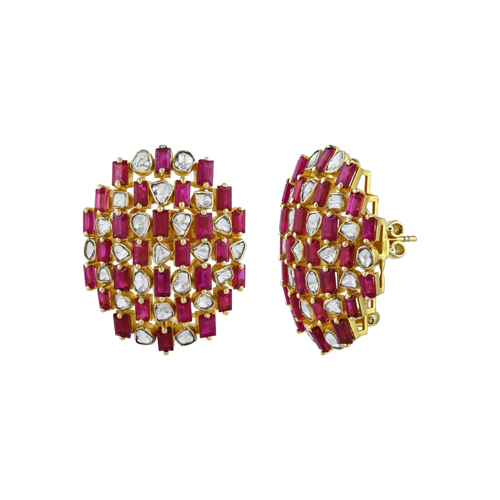 Geometric Red Cut Stone Earrings with Polkis
