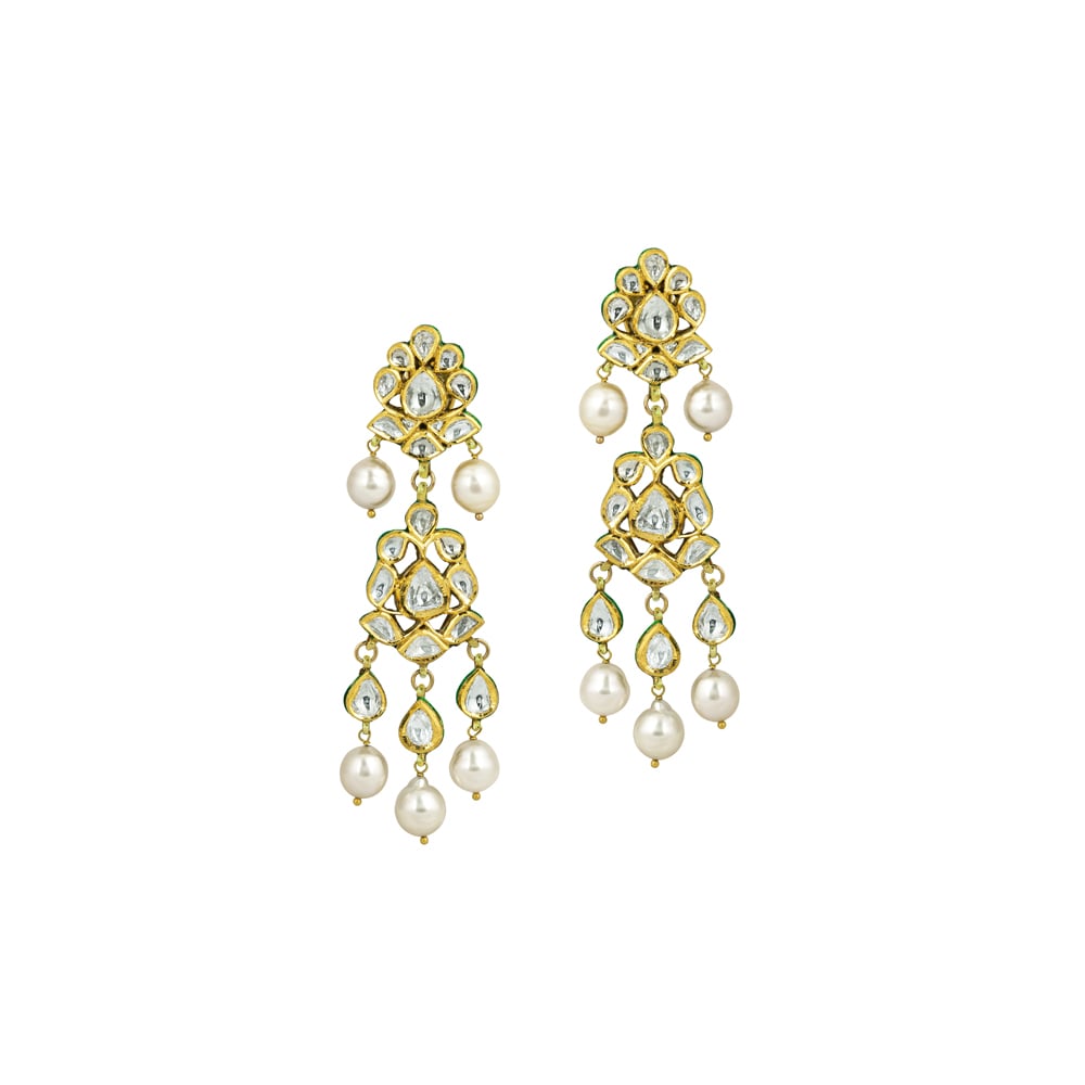 Floral Polki Earrings with Intricate Design & Pearl Drops