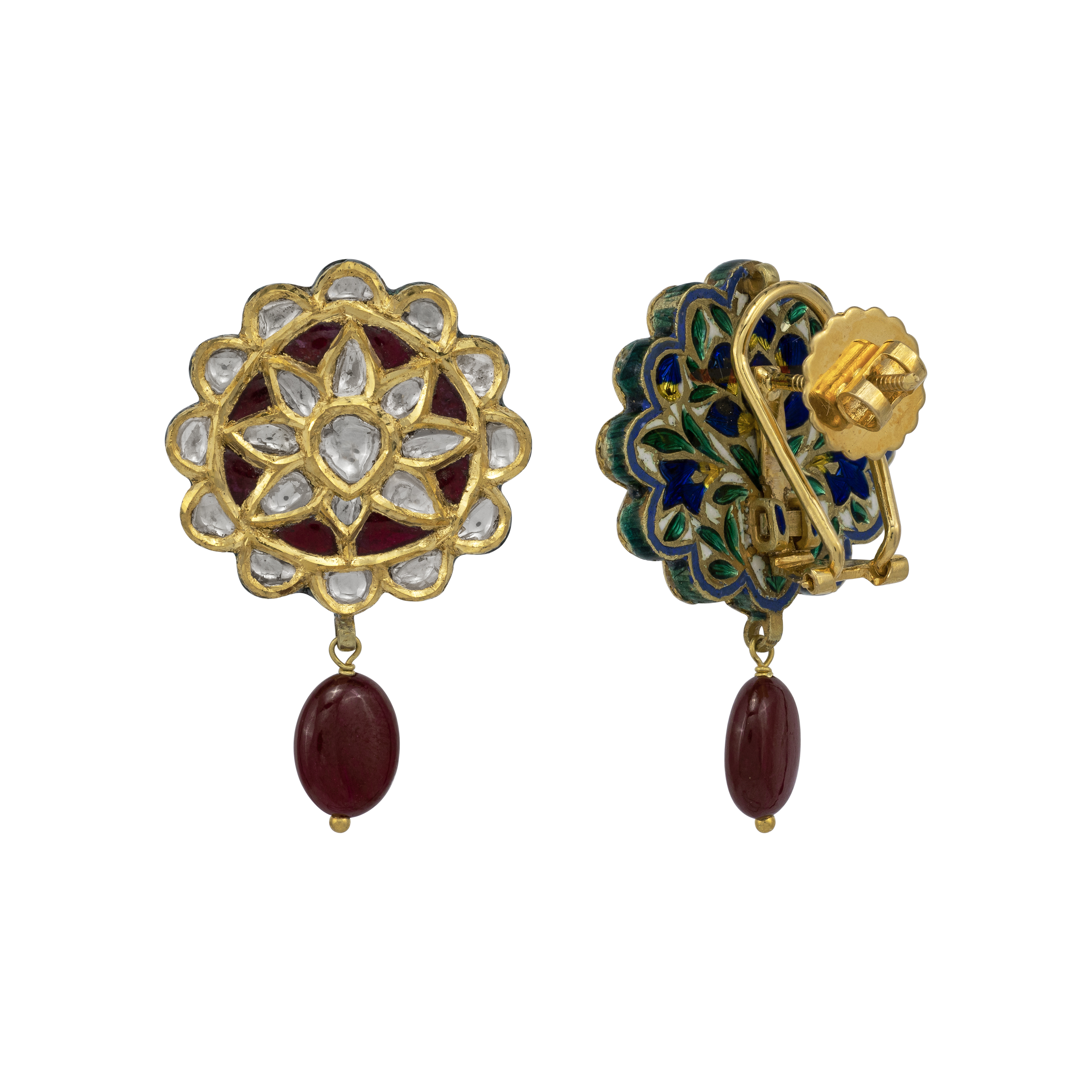Ruby Drop Studs with Red Talaf Floral Polki