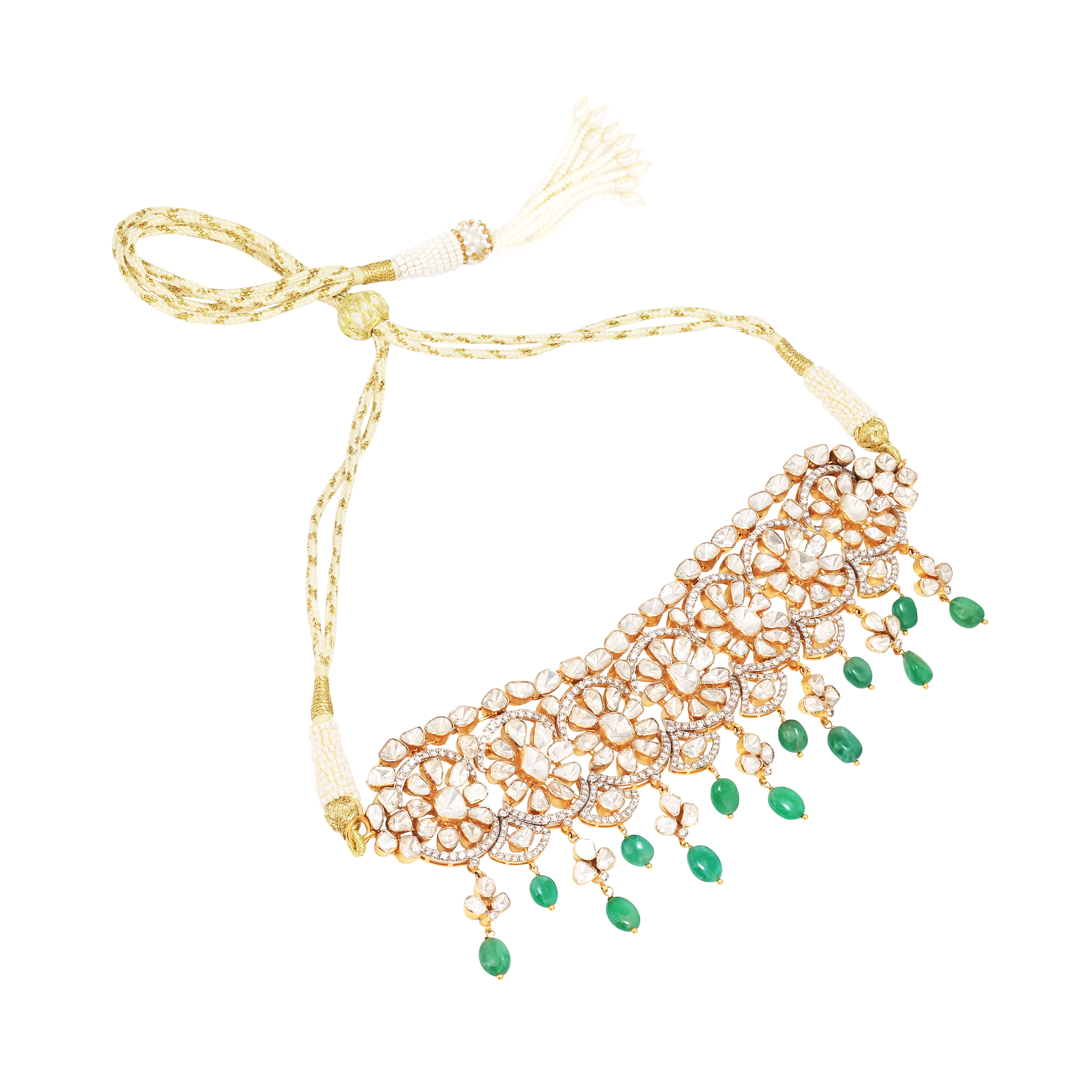 Floral Polki Choker with Emerald Beads