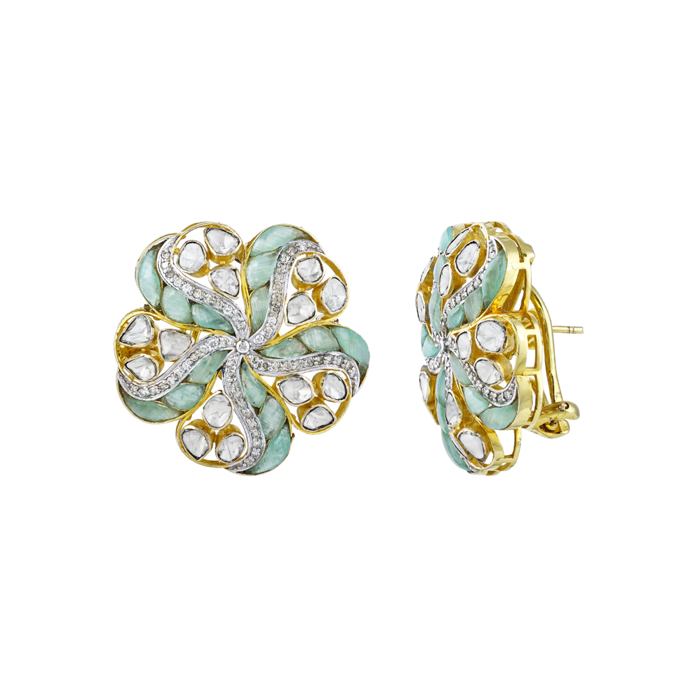 Floral Polki Earrings with Soft Green Talaf and Polki Swirl Design