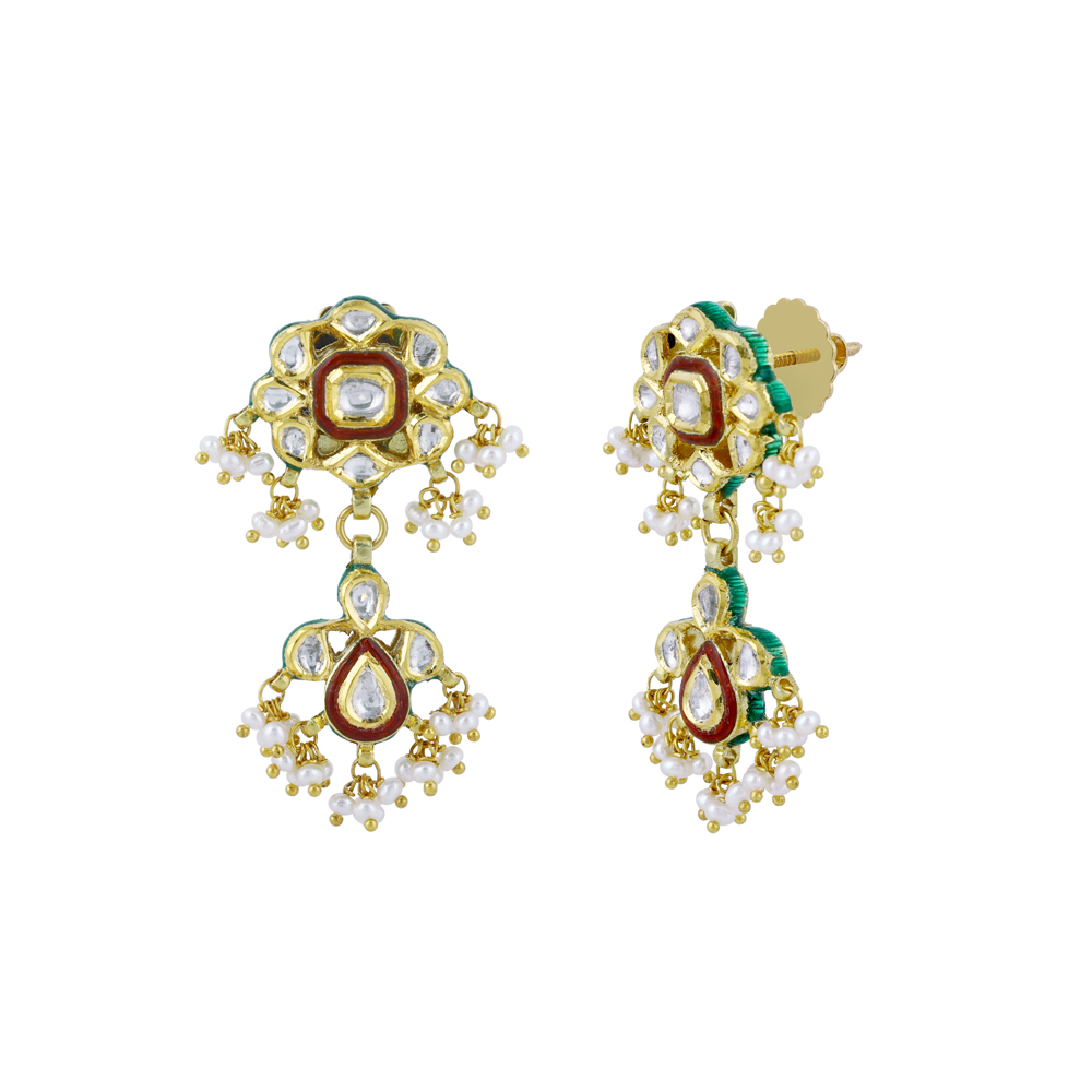 Polki Earrings with Red Enamel and Delicate Pearl Clusters