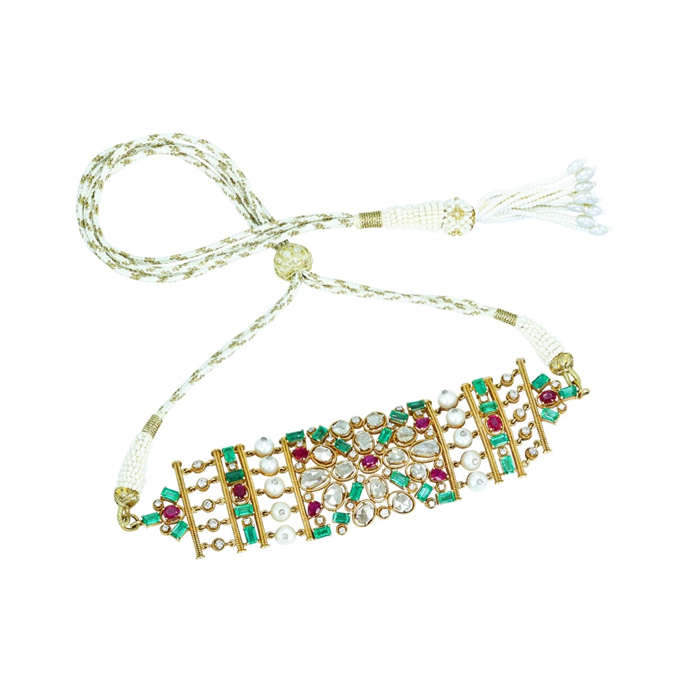 Polki Choker with Emerald Colour stone, Rubies, and Pearls