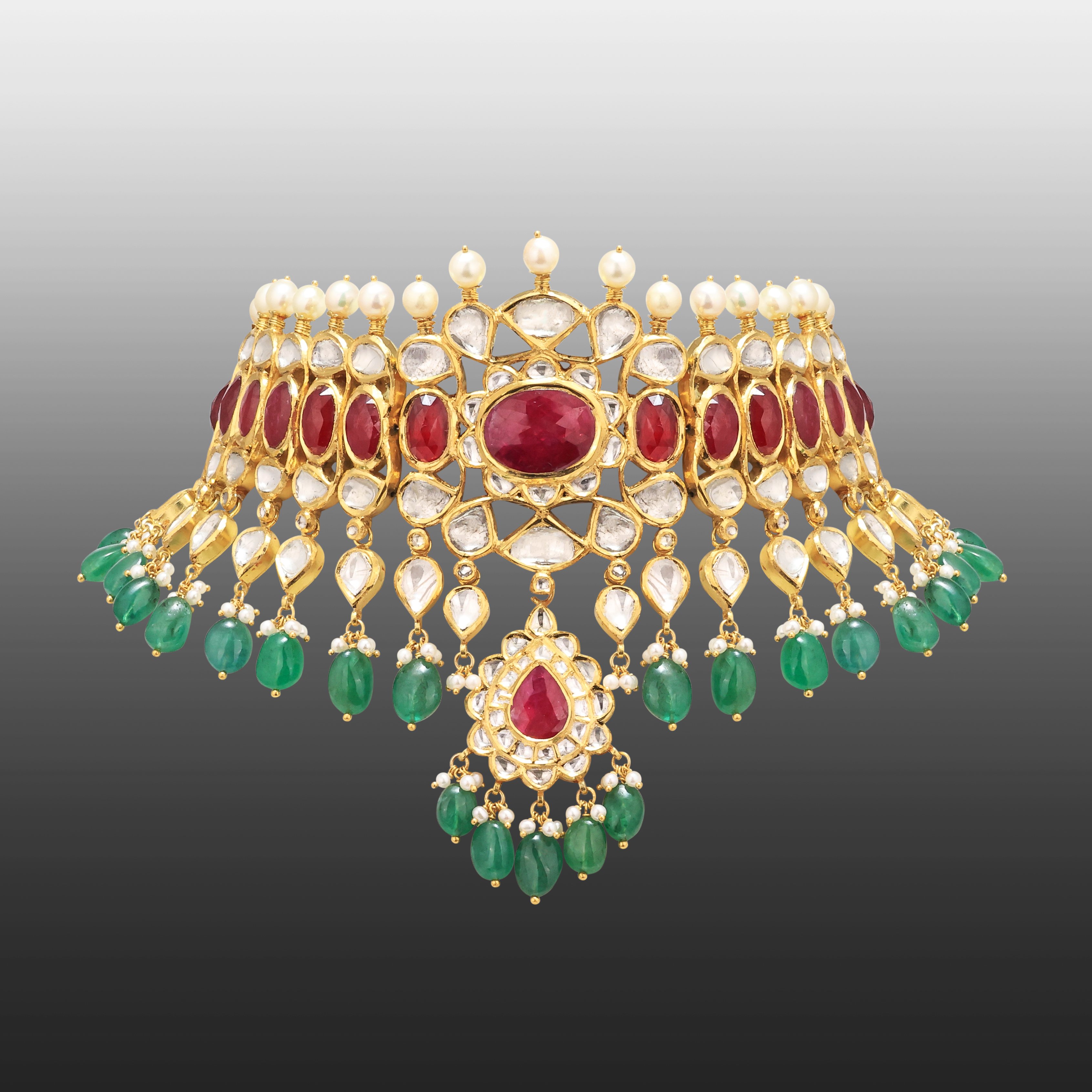 Polki Choker with Ruby Cabochon and Emerald Beads