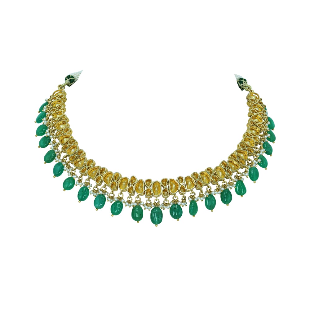 Open Polki Diamond Necklace with Emerald Drops