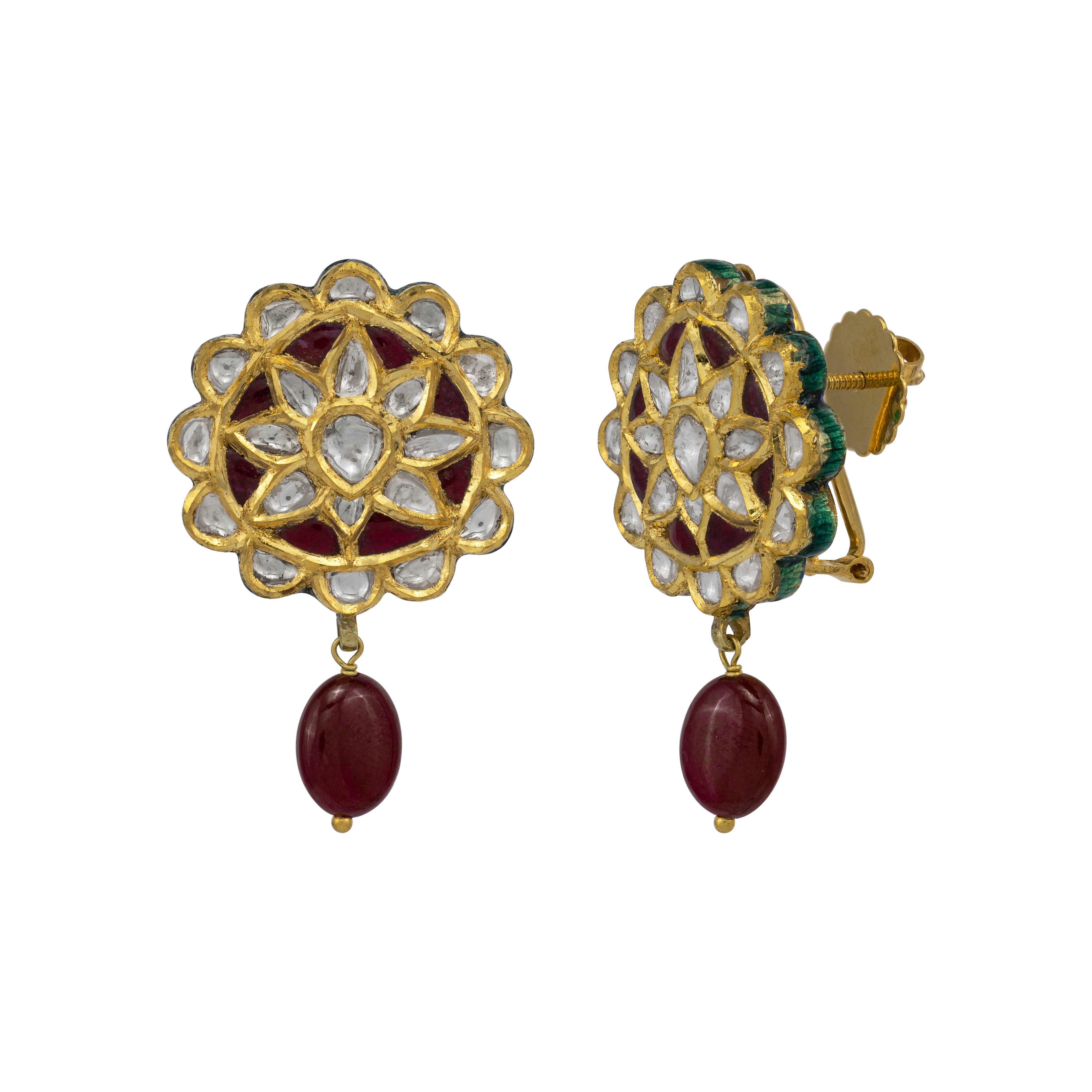 Ruby Drop Studs with Red Talaf Floral Polki
