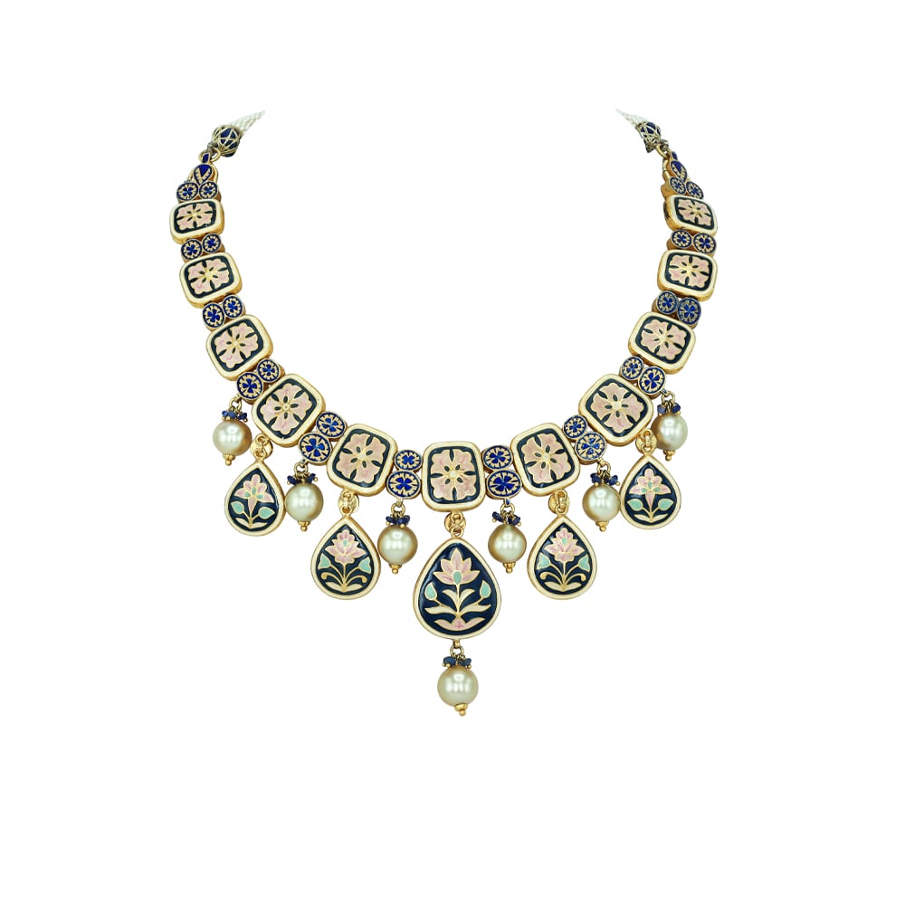 Black Inlay Polki Set with Green Enamel and Pearl Drops