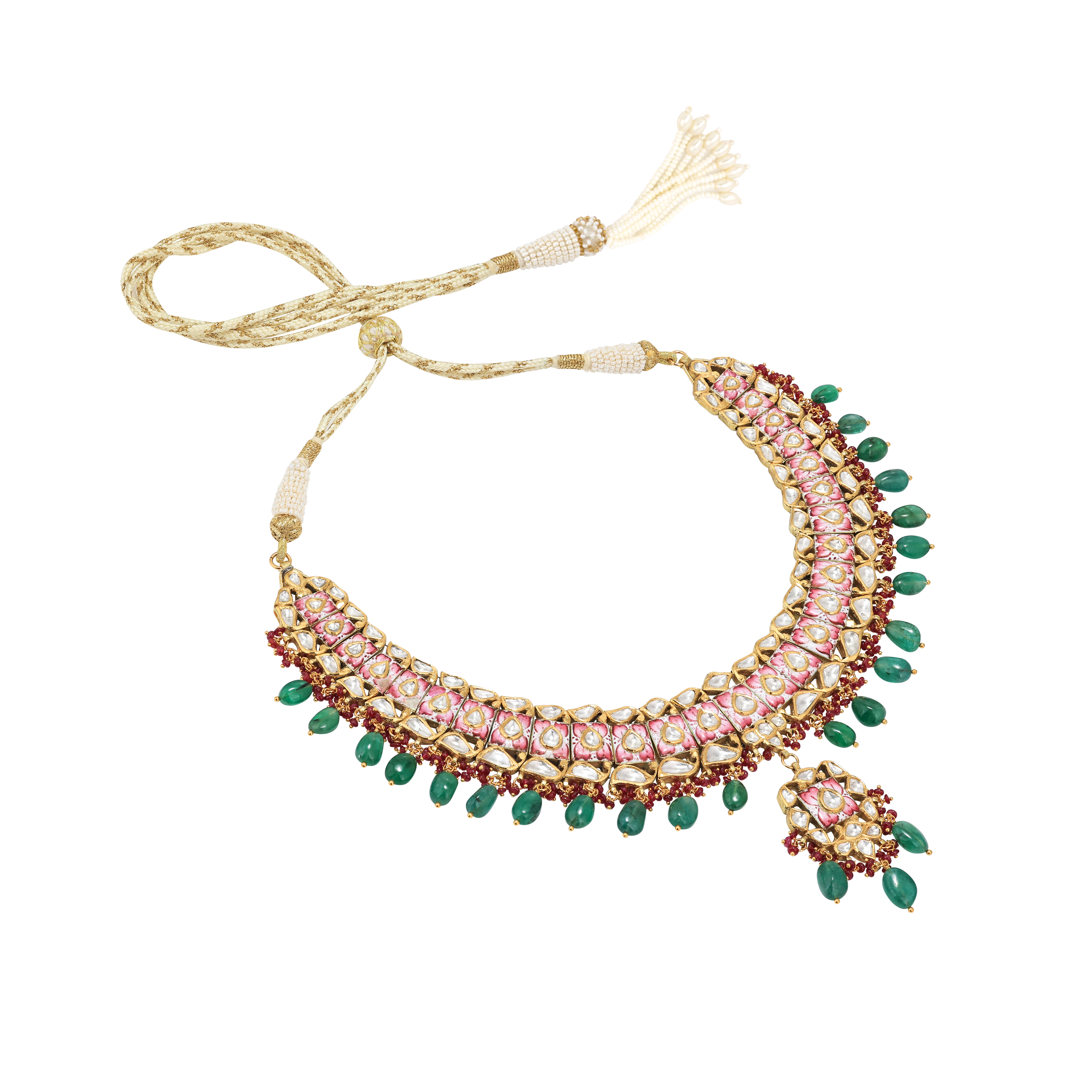 Pink Floral Polki Necklace with Emerald Maniya and Red Beads