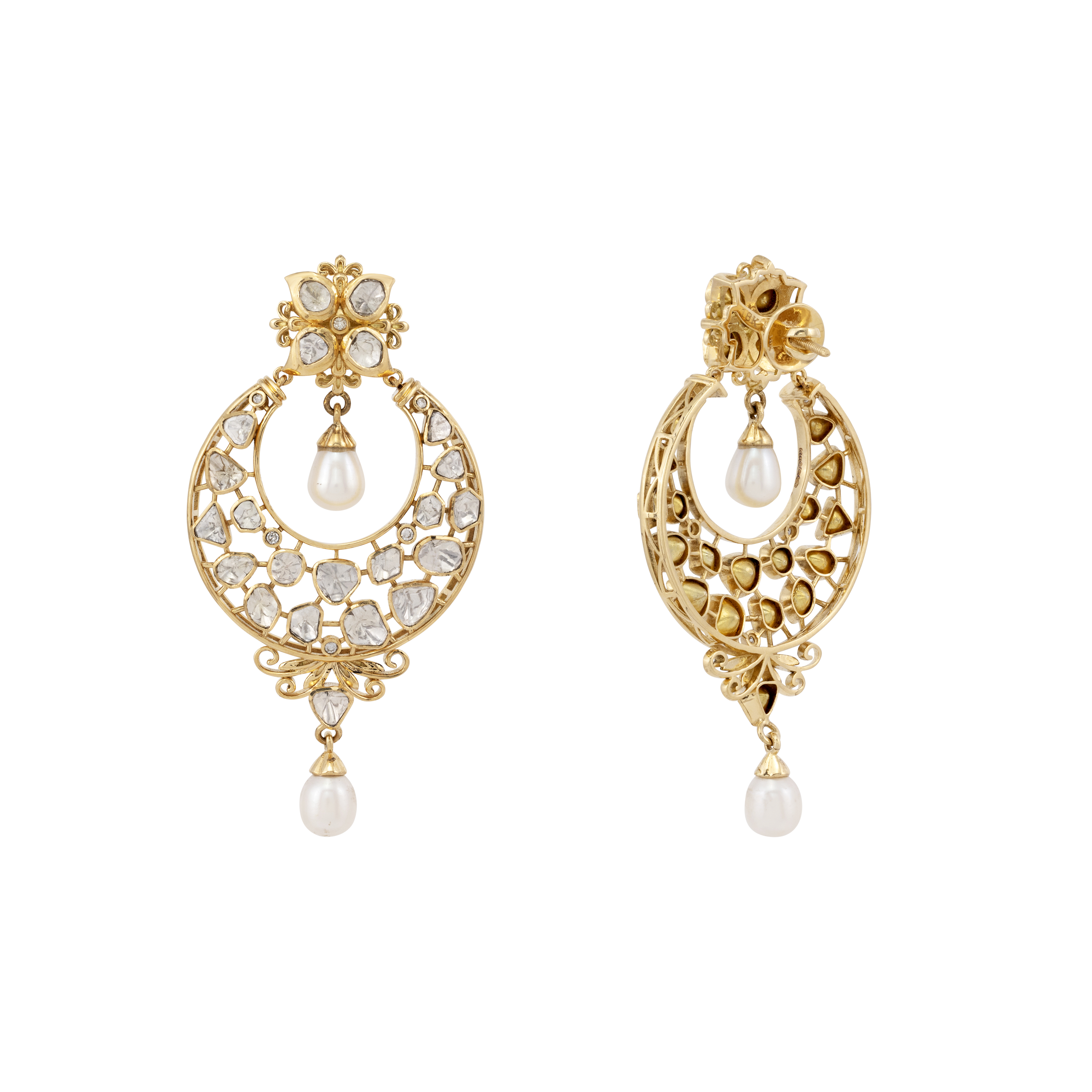 Filigree Polki Chandbali Earrings with Pearl Drops
