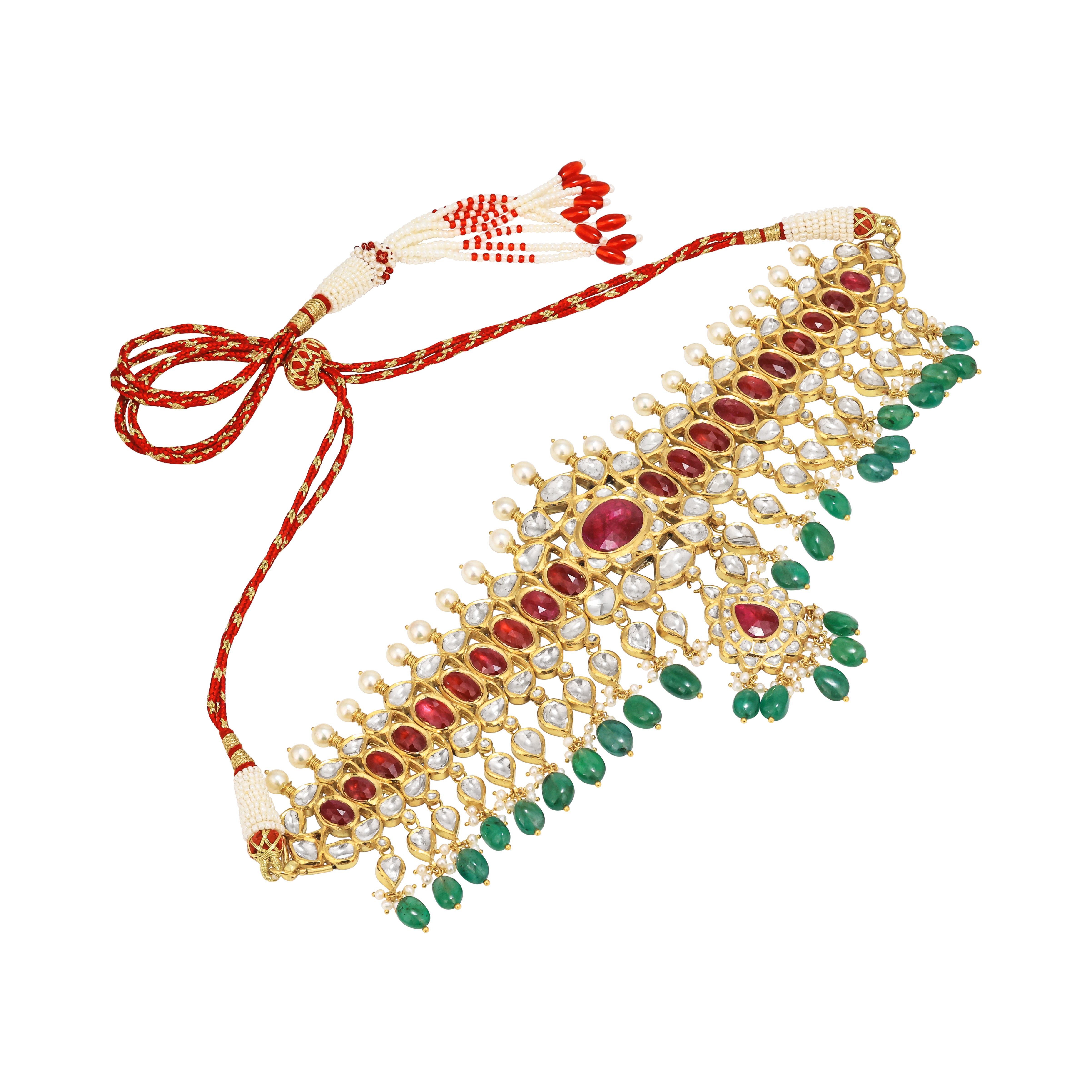 Polki Choker with Ruby Cabochon and Emerald Beads