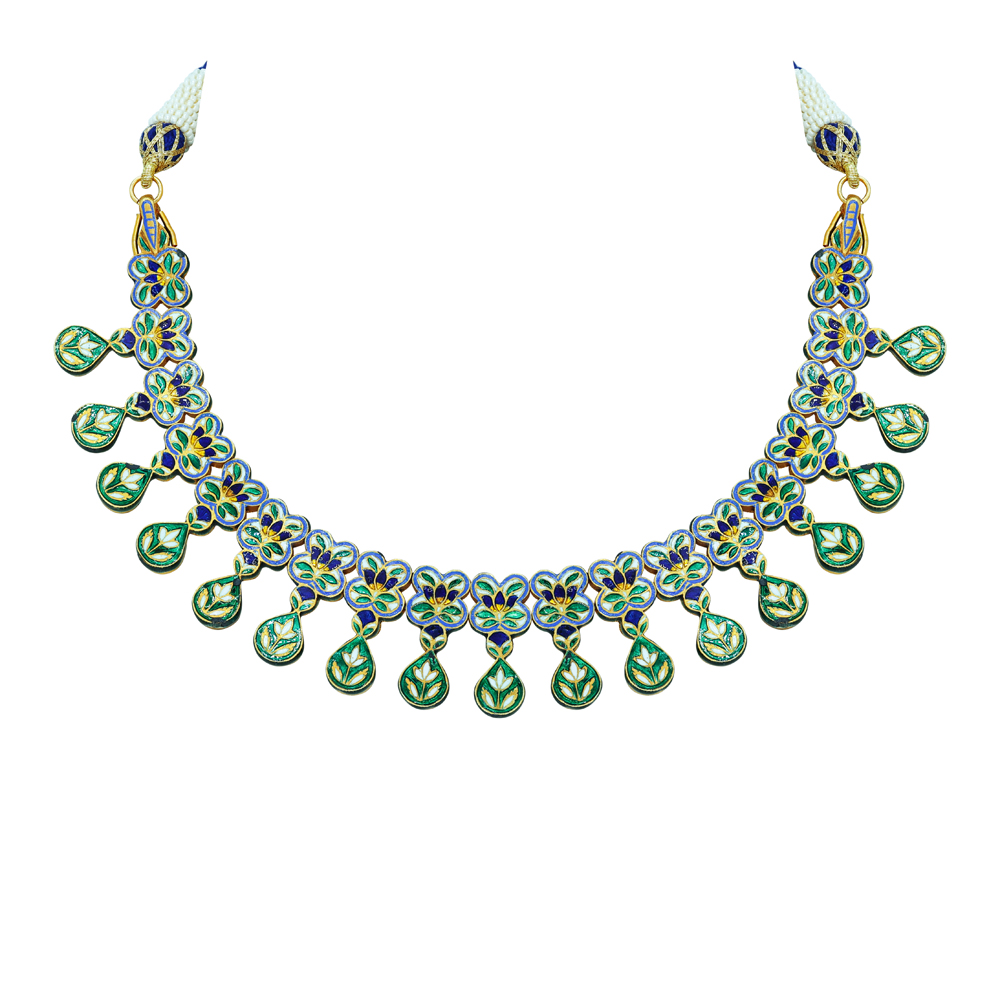 Polki Necklace with Blue Enamel and Drop Detailing
