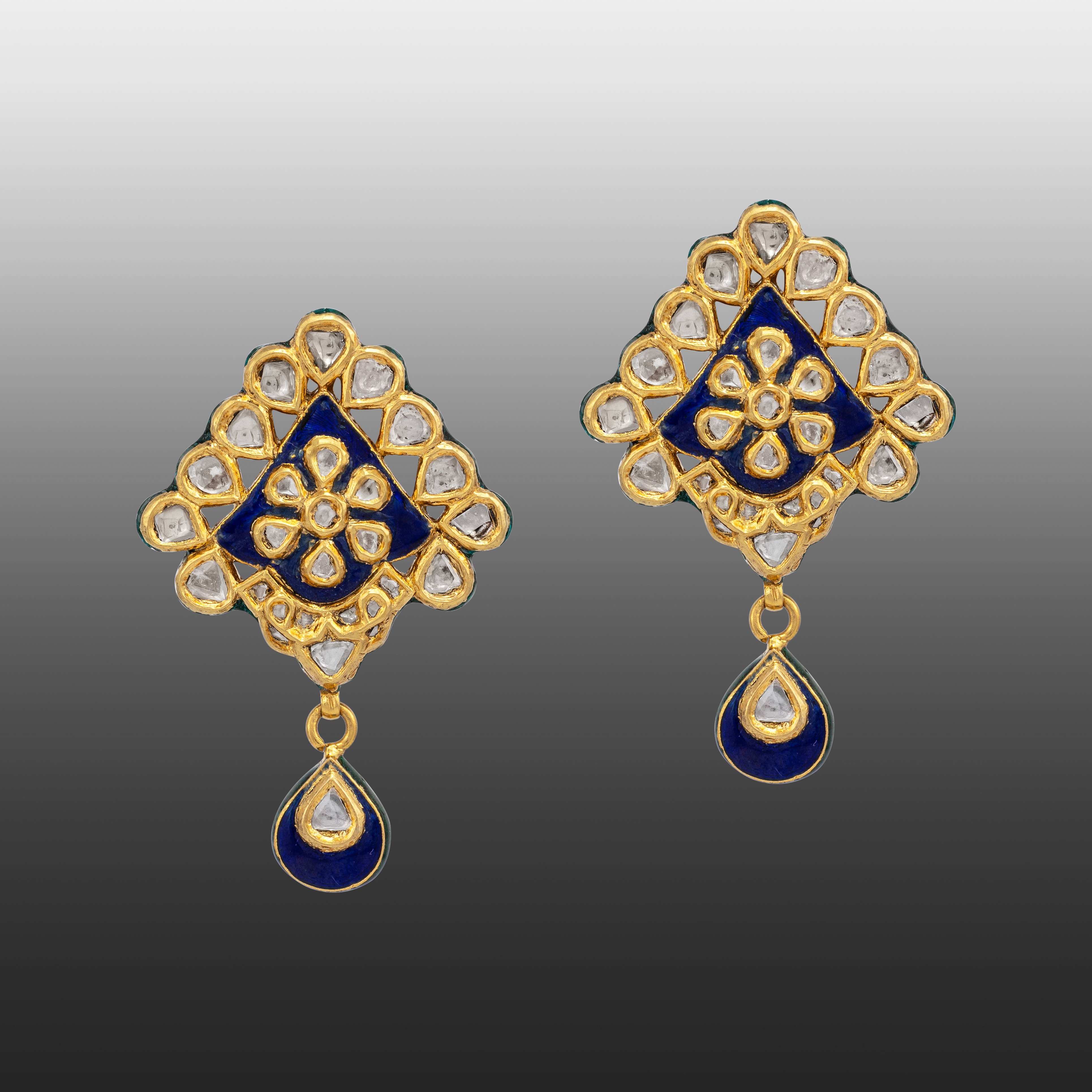 Blue Enamel Polki Drop Earring with Floral Jadau