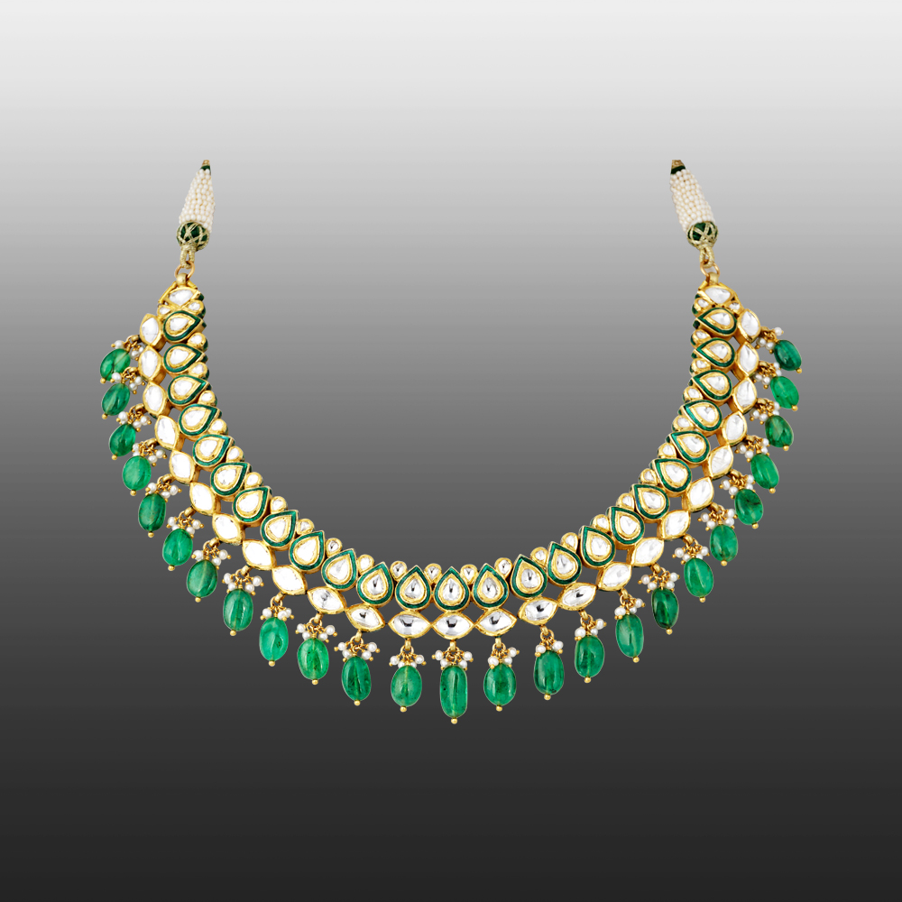 Pear-Shaped Polki Necklace with Green Meena and Emerald Drops