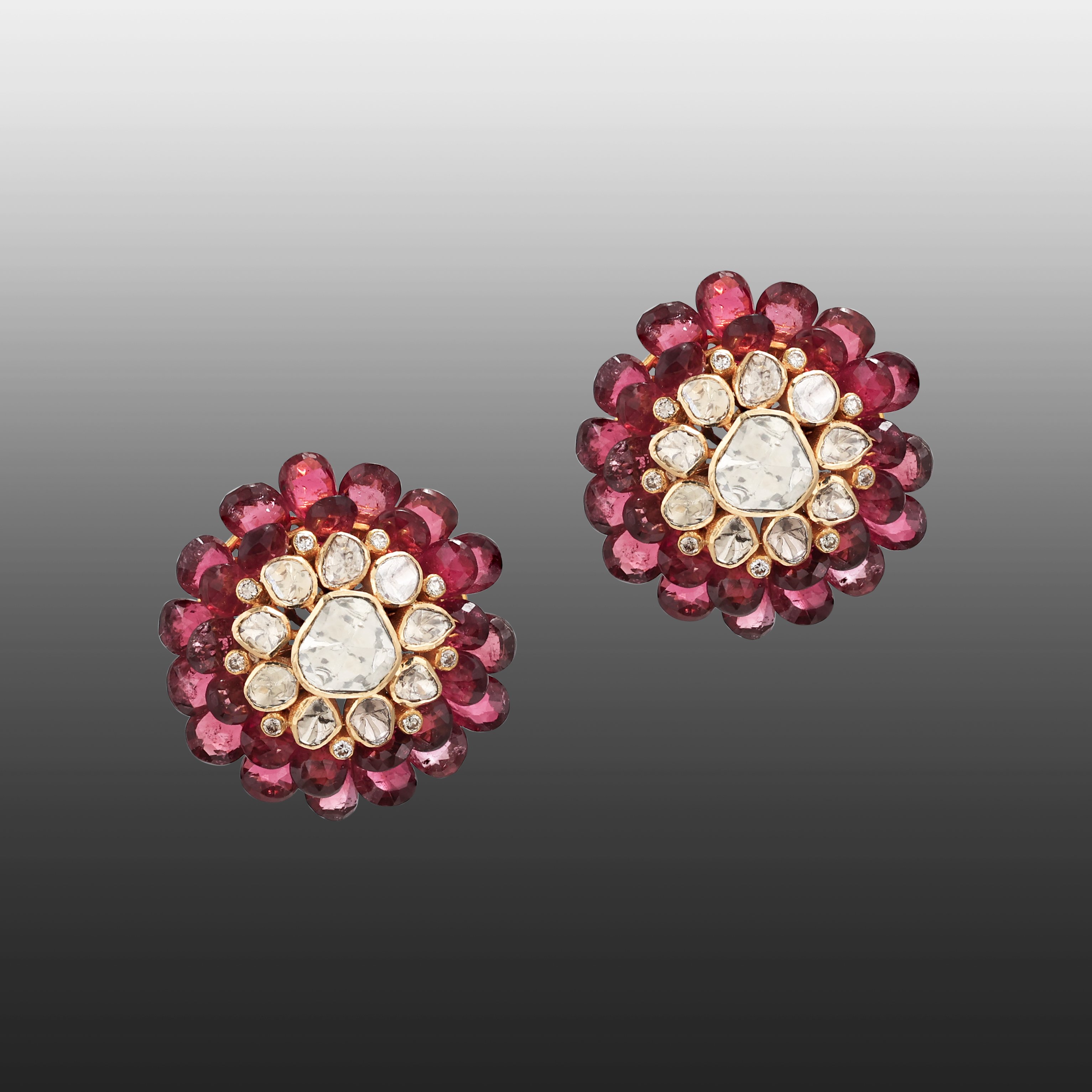 Tourmaline Floral Stud with Polki Diamonds