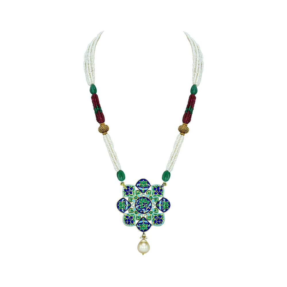 Navaratna Pendant Necklace with Pearls, Emeralds, and Ruby Beads