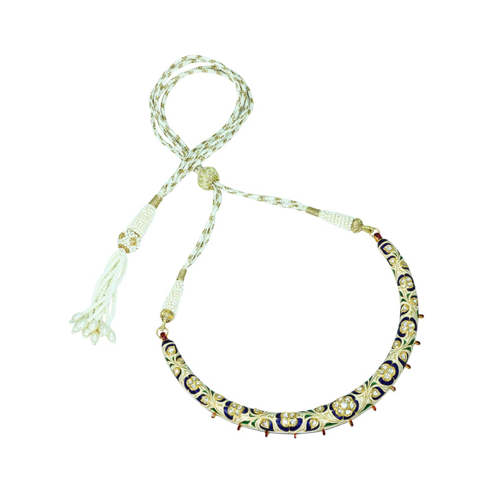 Blue Enamel Hasli Necklace Set with Polkis and Green Accents