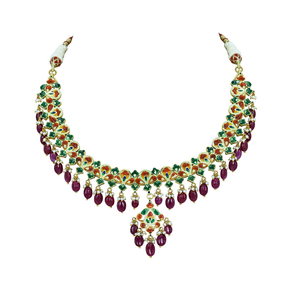 Polki Necklace with Red Enamel and Ruby Drops