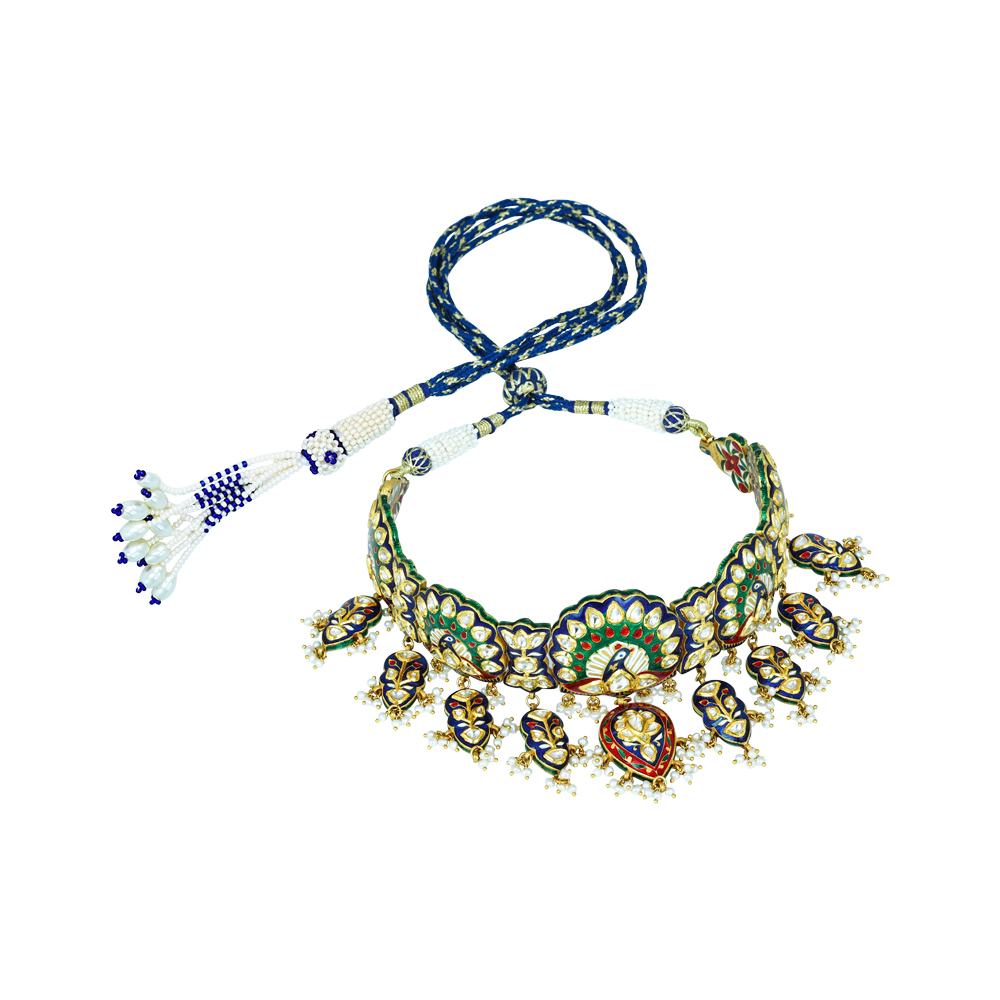 Peacock Motif Choker with Polkis and Enamel Detailing