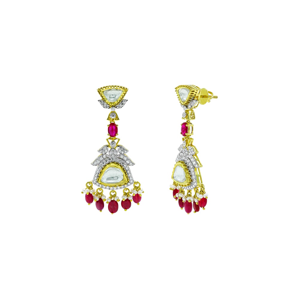 Ruby and Polki Earrings with Full-Cut Diamonds and Drops
