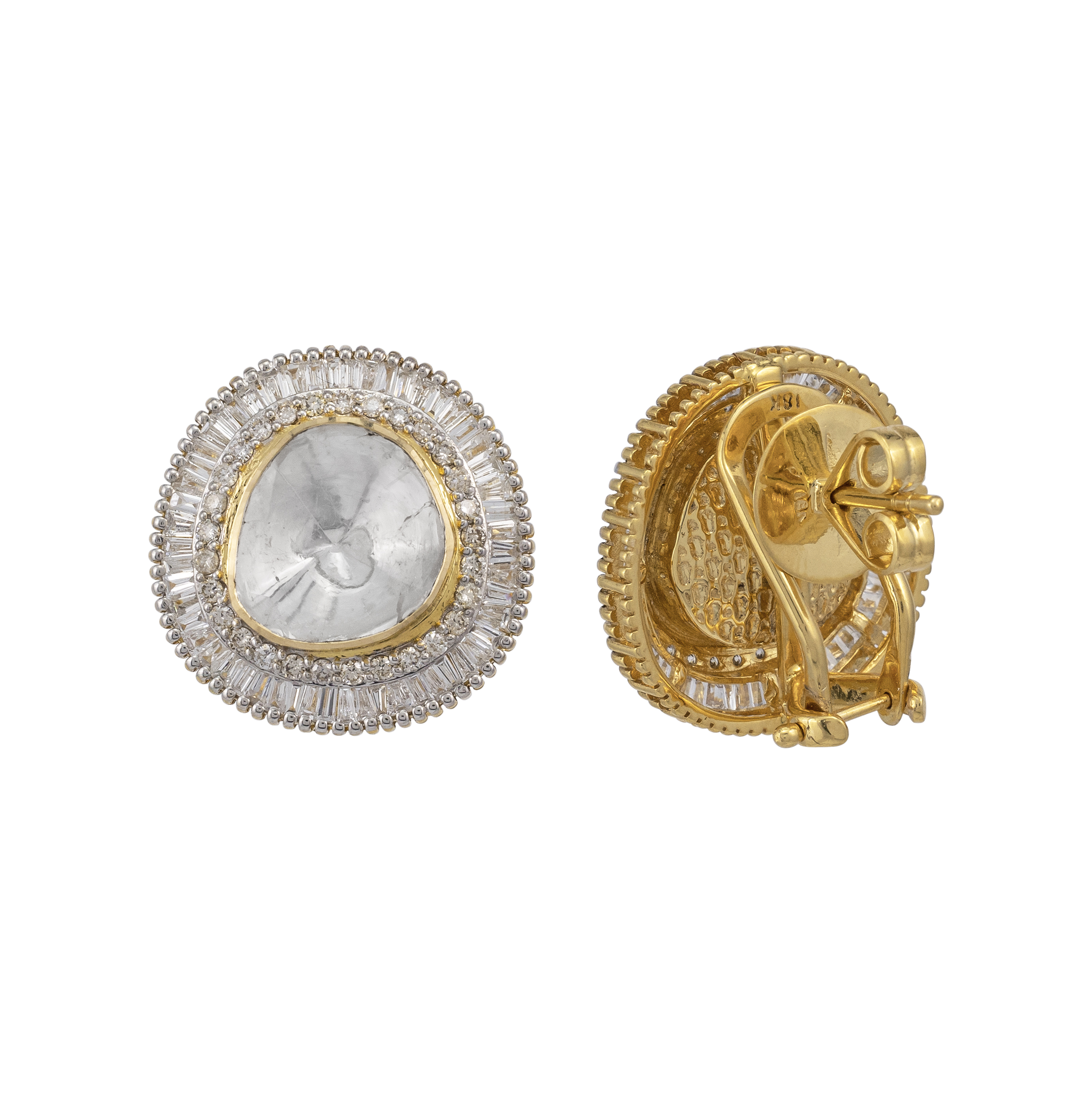 Polki Stud Earrings with Baguette and Full-Cut Diamond Halo