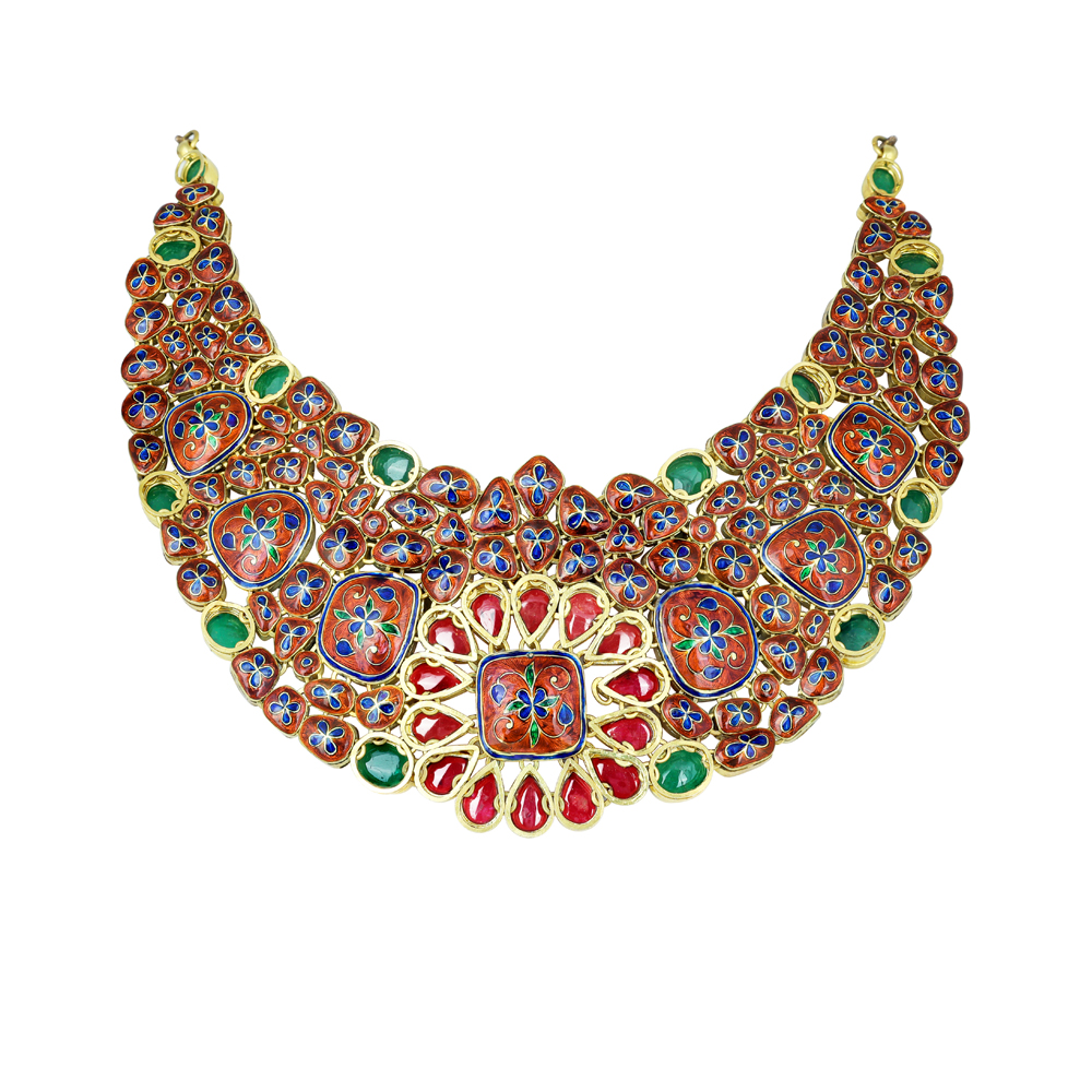 Emerald Cabochon Necklace with Polki and Ruby Floral Motif