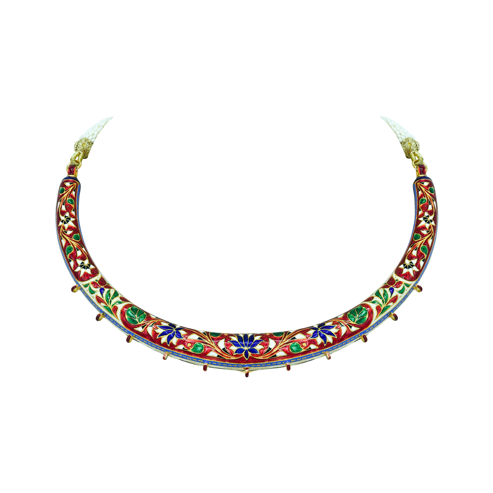 Blue Enamel Hasli Necklace Set with Polkis and Green Accents