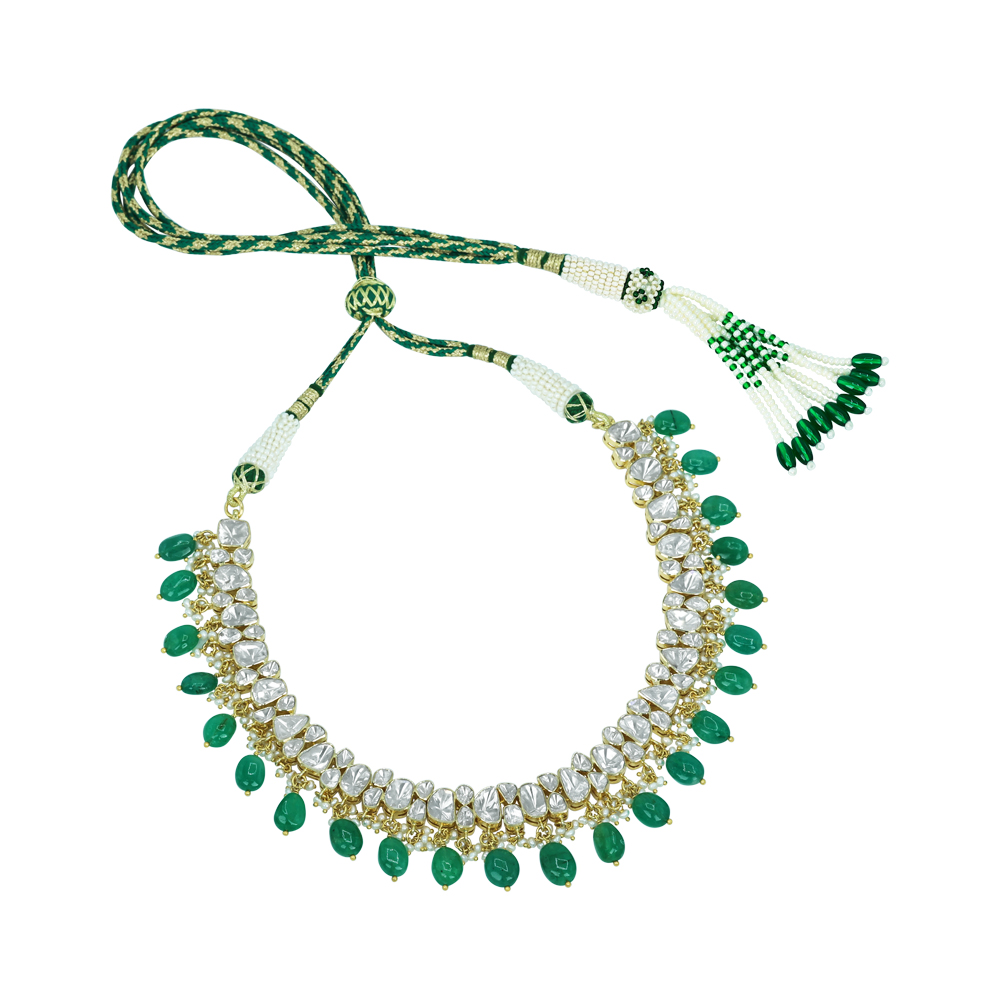Open Polki Diamond Necklace with Emerald Drops