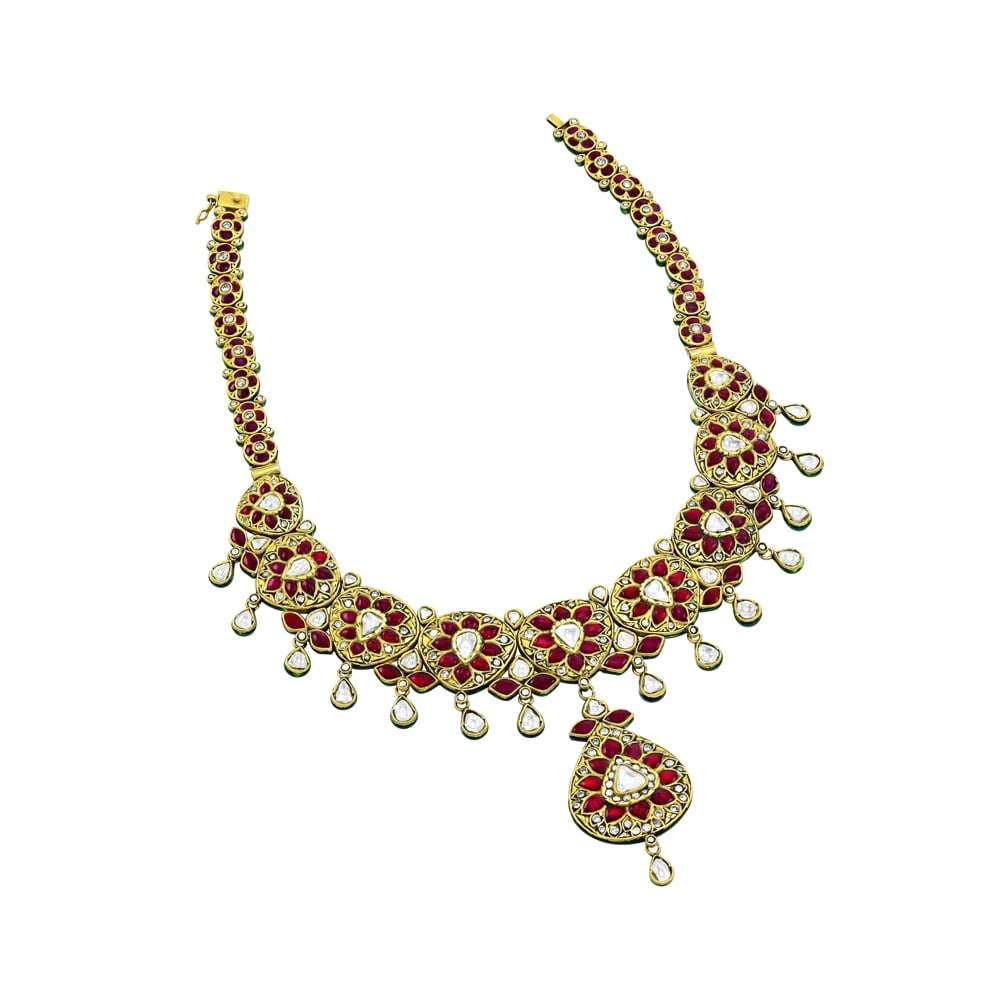 Red Talaf Necklace Set with Polki and Drop Details