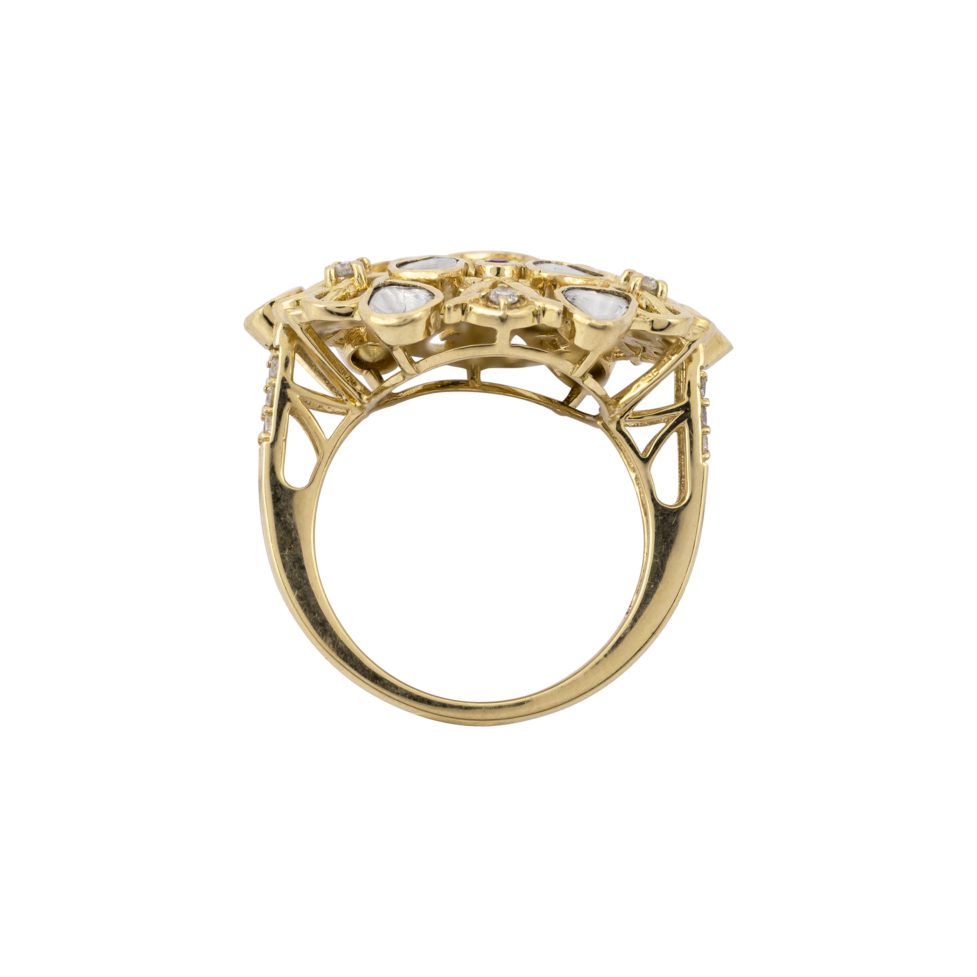 Floral Uncut Diamond Polki Ring with Red Accents