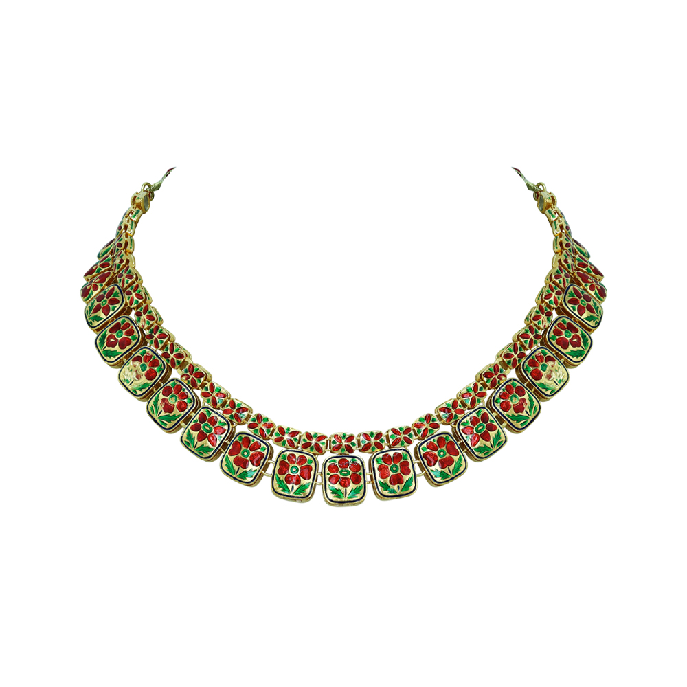 Square and Rectangular Polki Necklace with Red Enamel