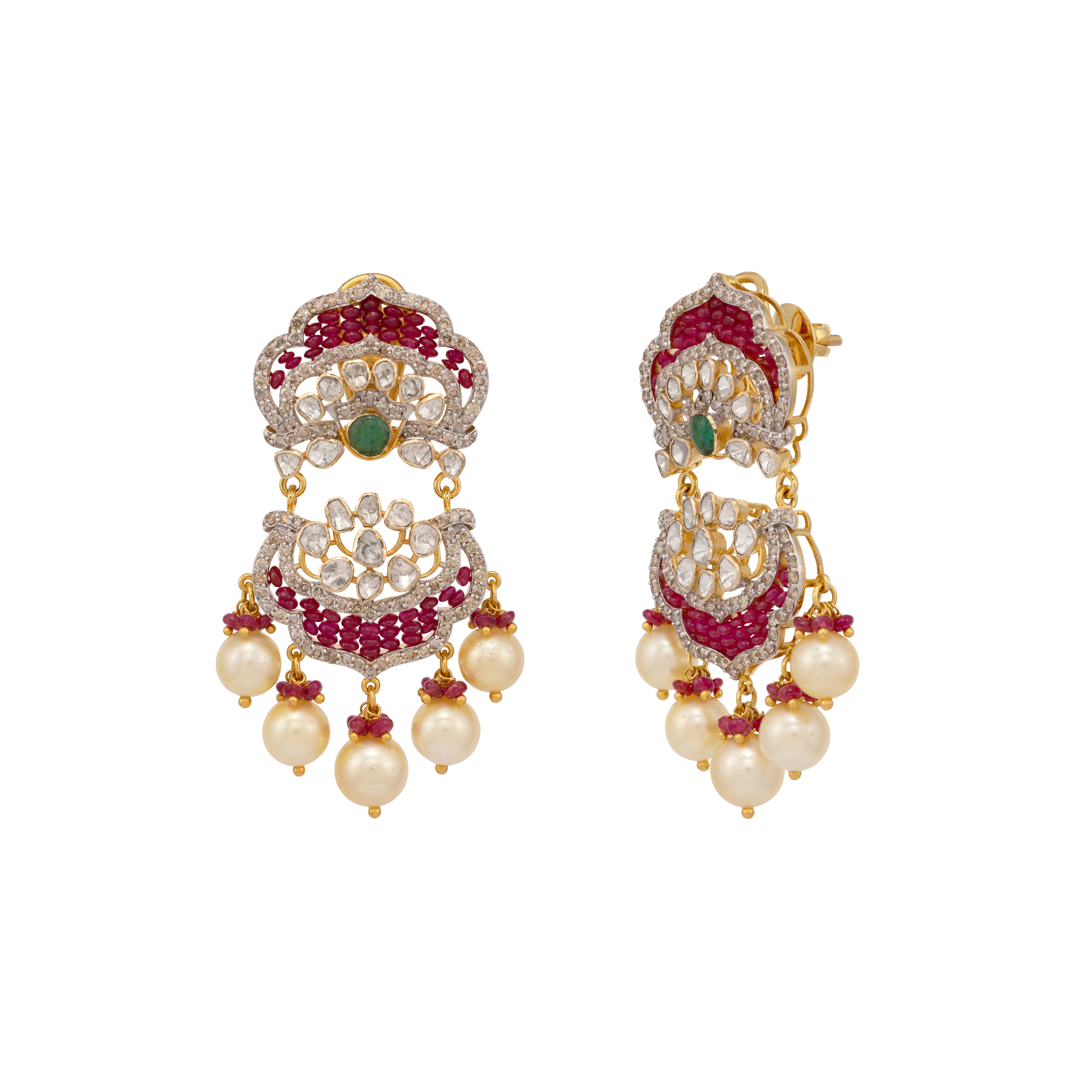 Polki and Ruby Earrings with Emerald and Pearl Drops