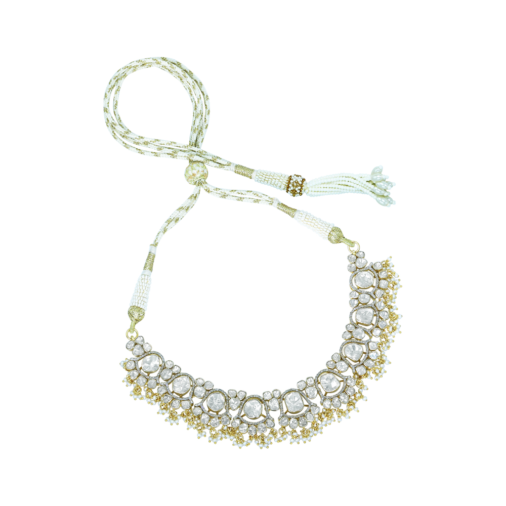 Polki Diamond Necklace with Pearls and Beads