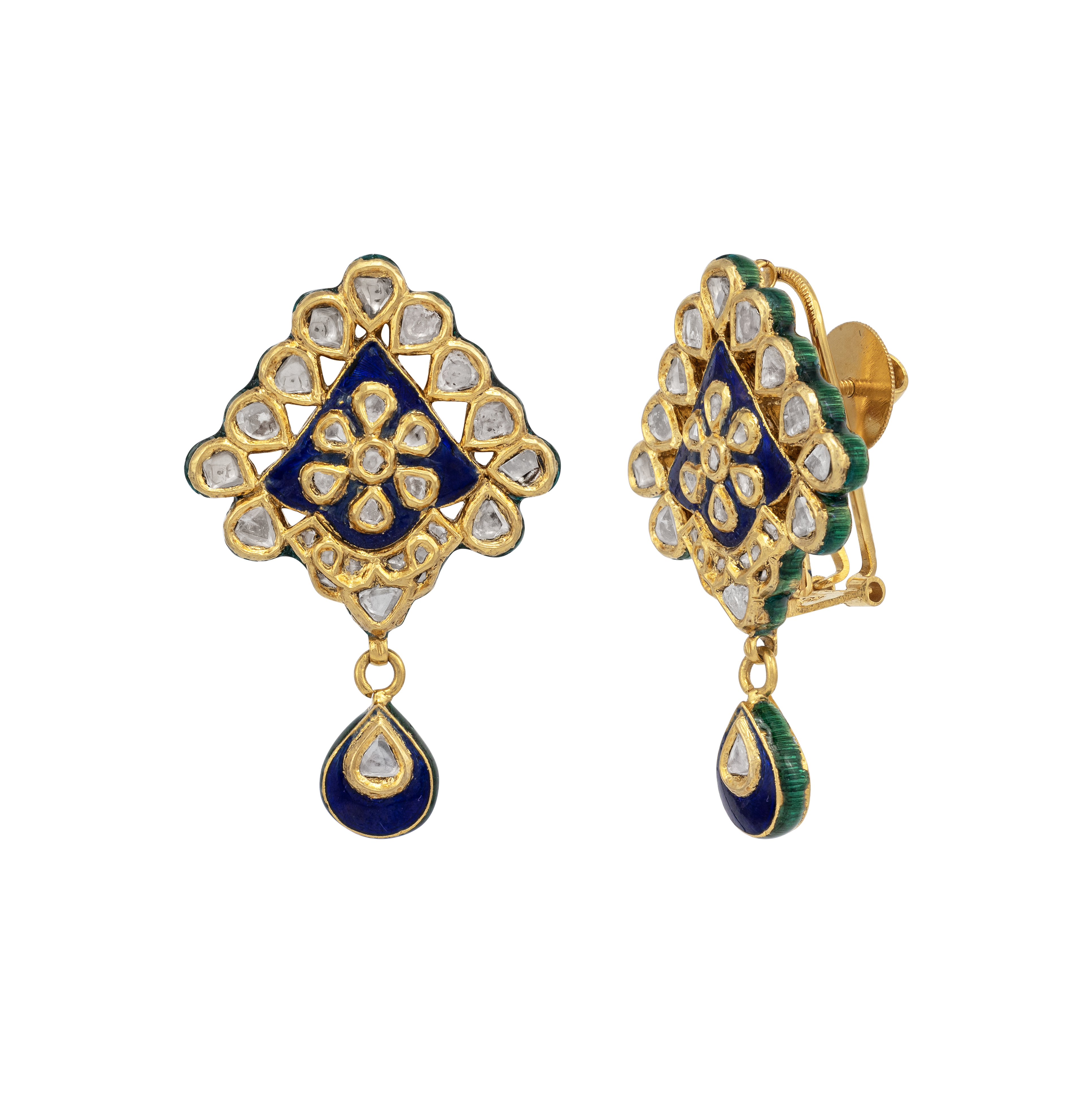 Blue Enamel Polki Drop Earring with Floral Jadau
