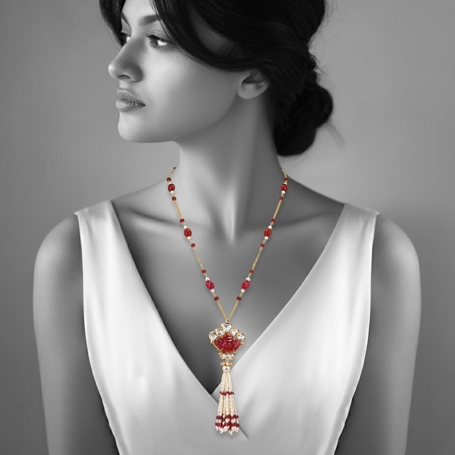 Carved Ruby Pendant Necklace with Pearl Tassel