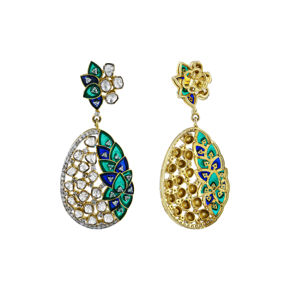 Earrings with Uncut Diamonds and Blue-Green Enamel