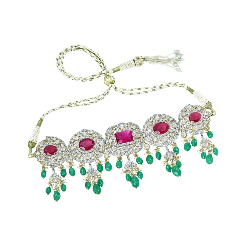 Tourmaline Choker with Polki Diamonds, Emerald Drops, and Pearls