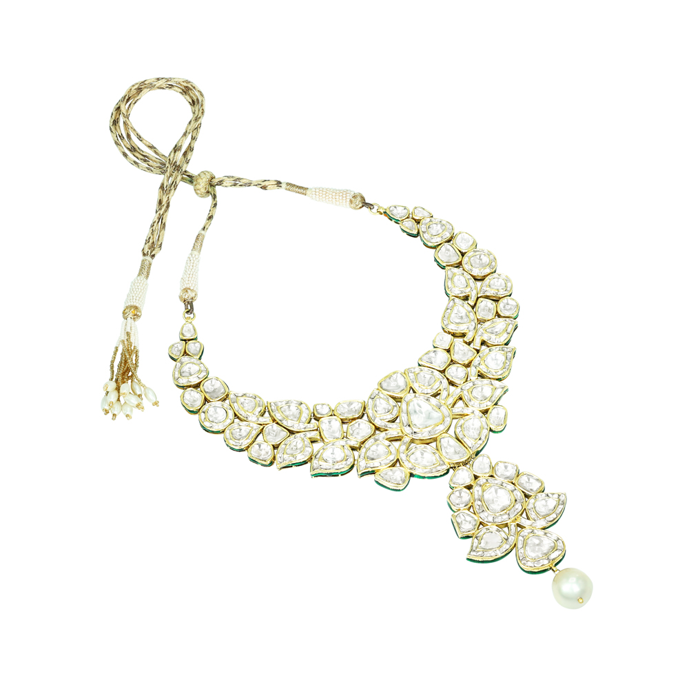 Asymmetrical Polki Necklace Set with Green Enamel and Pearl Drop